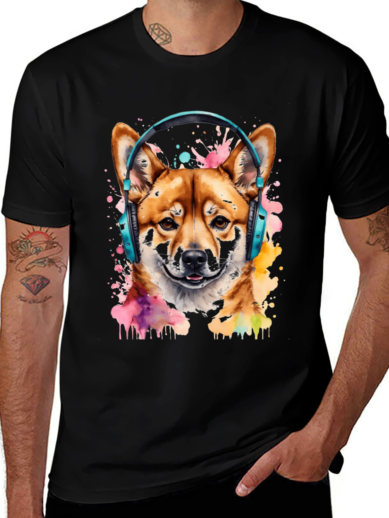 Variant 28 of Shiba Inu Headphones Black Graphic Tee