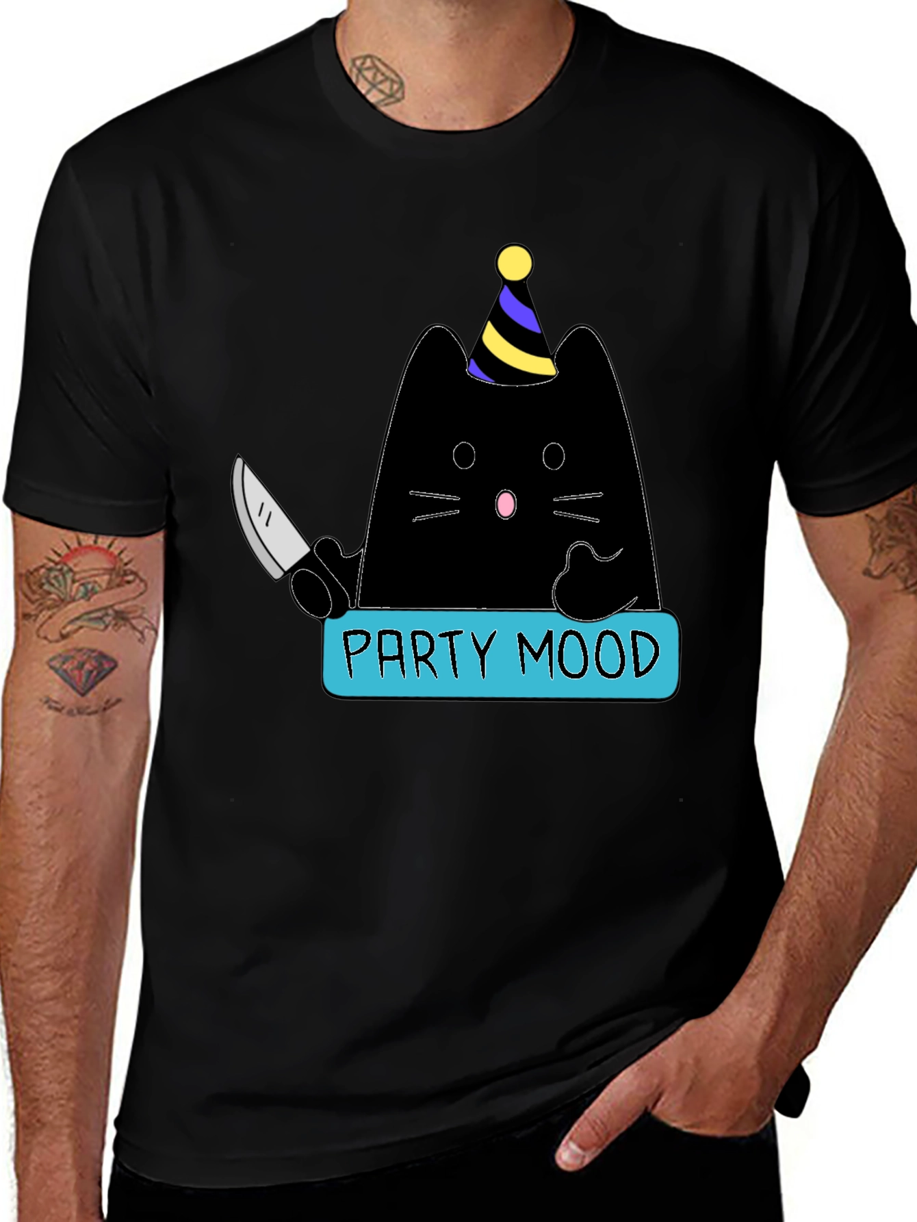 Variant 12 of Party Mood Cat T-Shirt - Fun Graphic Tee