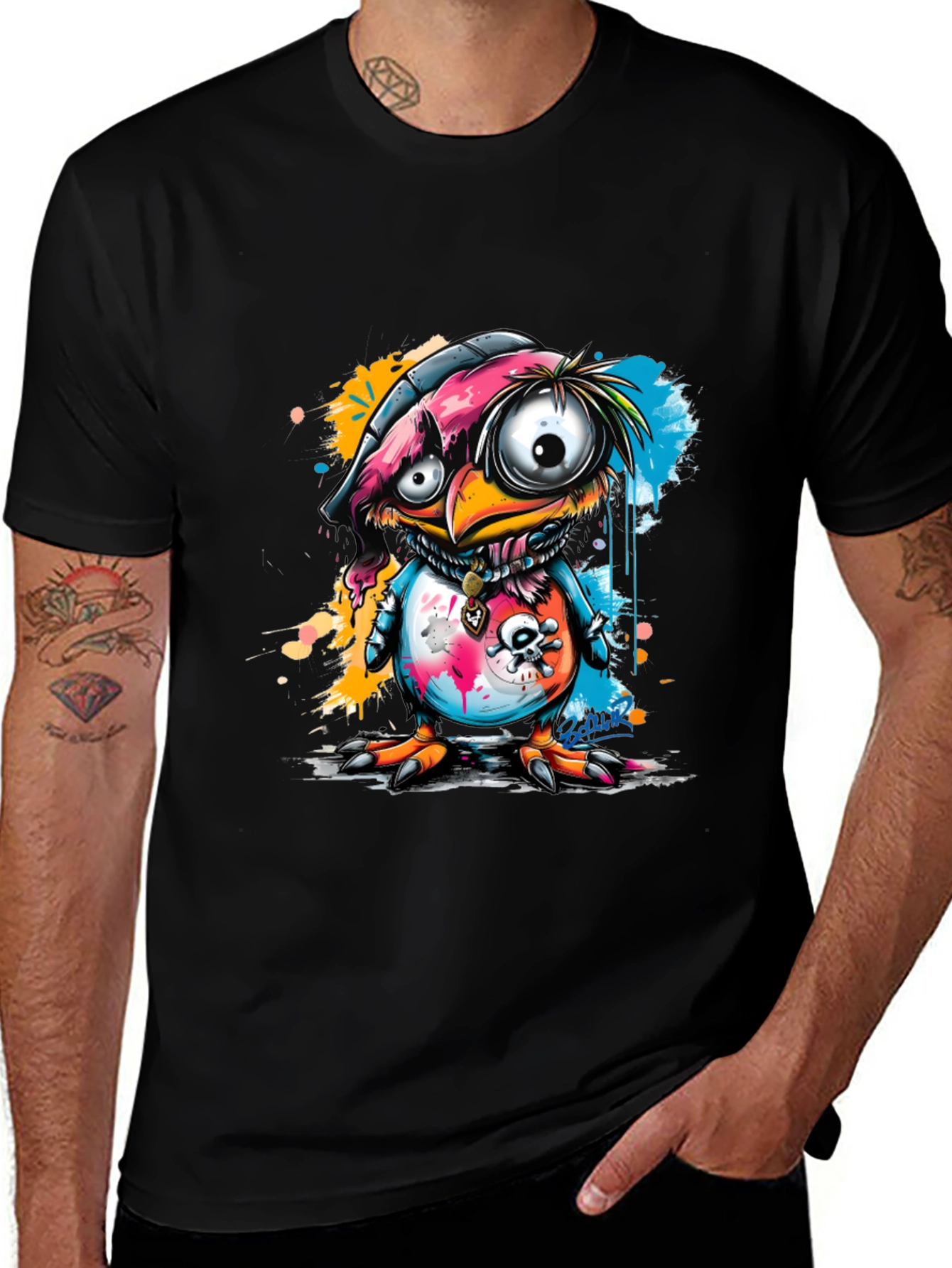 Variant 2 of Cartoon Bird Graphic Tee - Edgy Skull Design