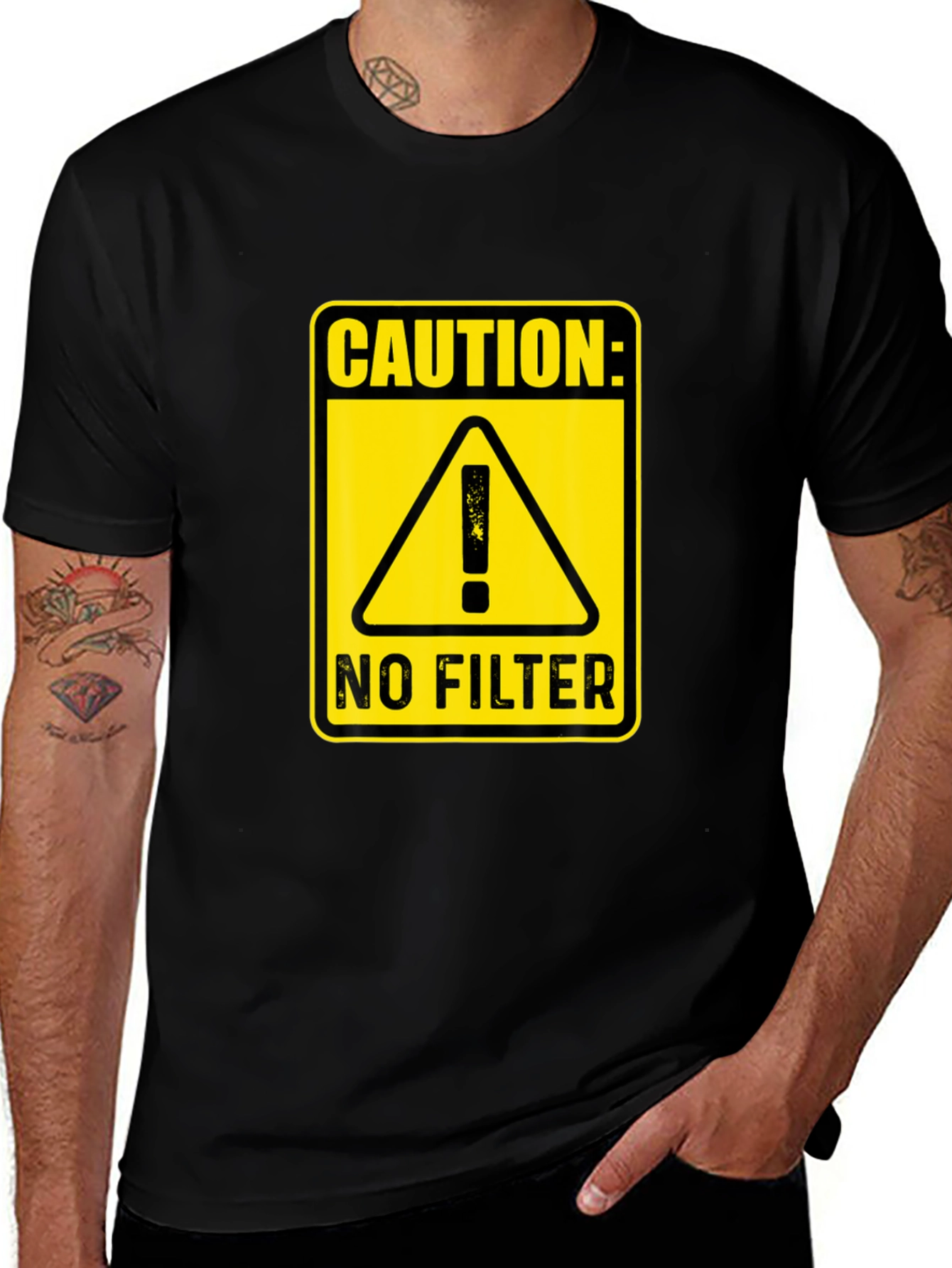 Variant 26 of Caution: No Filter Black T-Shirt - Bold Statement Tee