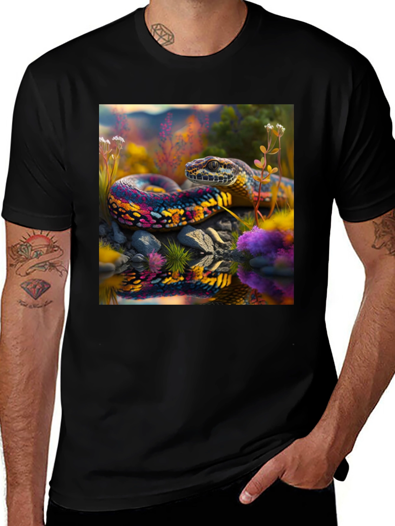 Variant 25 of Vibrant Snake Graphic Tee - Men's Black T-Shirt