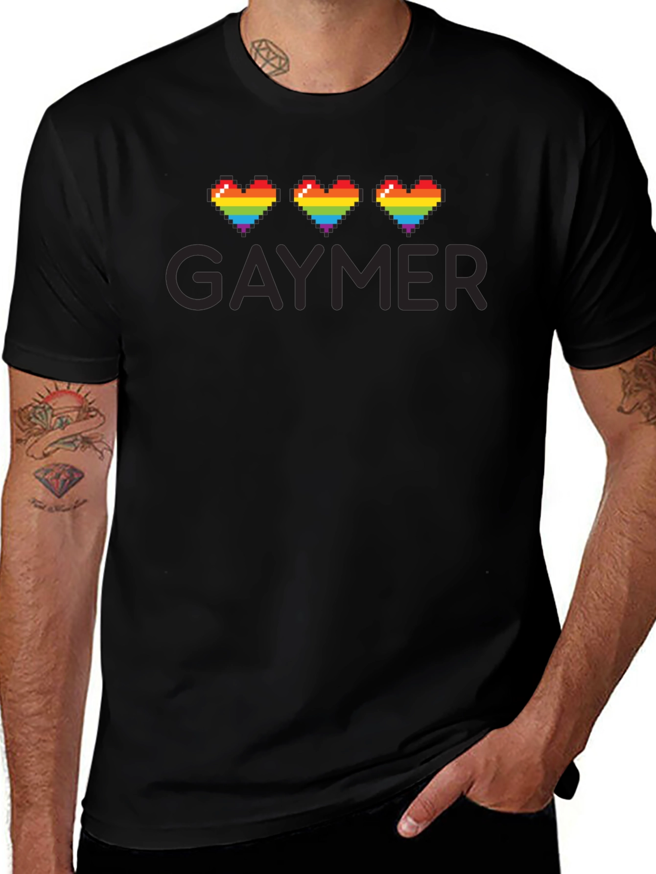 Gaymer Pride T-Shirt - Rainbow Pixel Heart Design