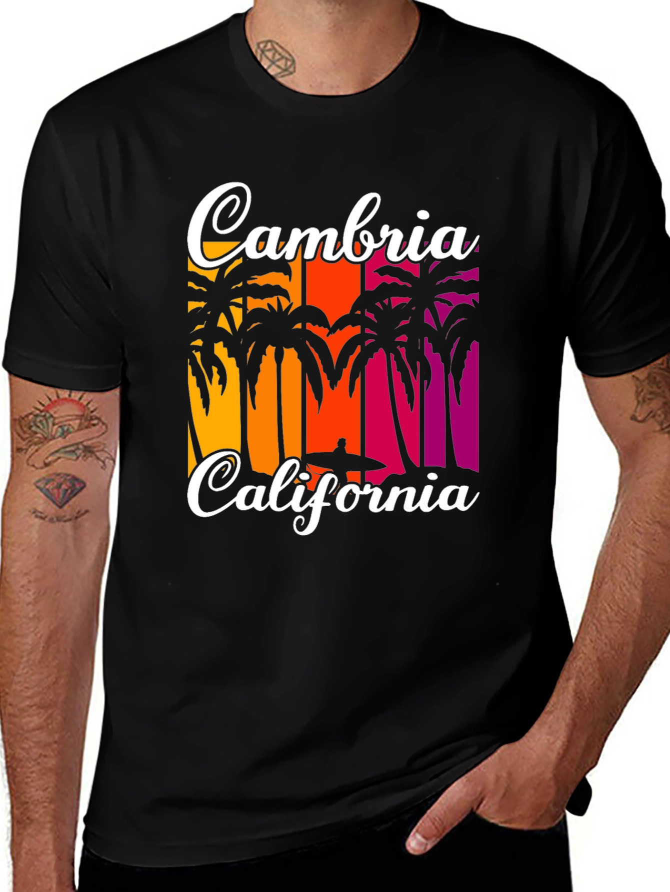 Cambria California T-Shirt: Beach Palm Tree Sunset Design