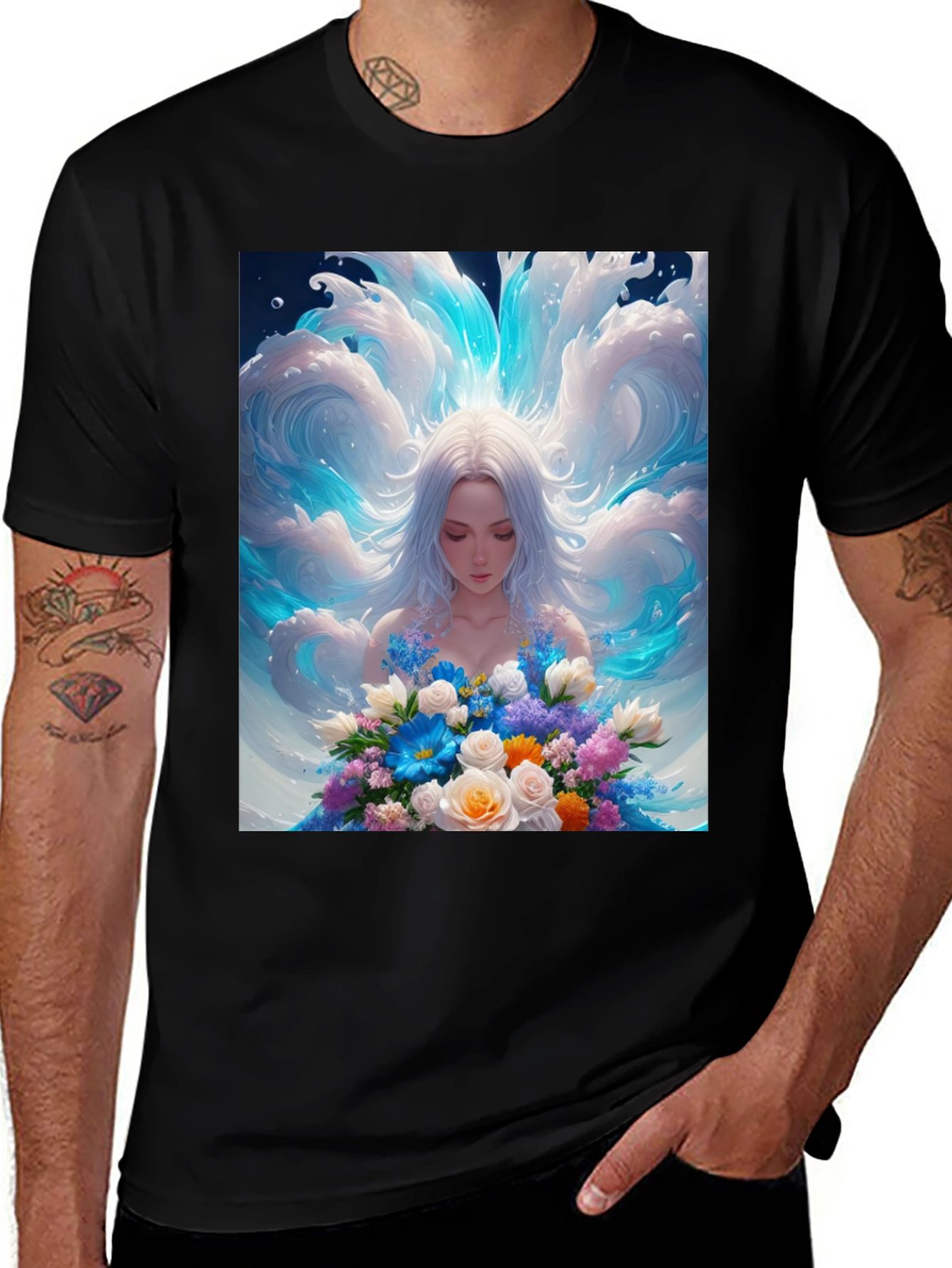 Variant 28 of Floral Water Angel Graphic Tee - Black Cotton T-Shirt