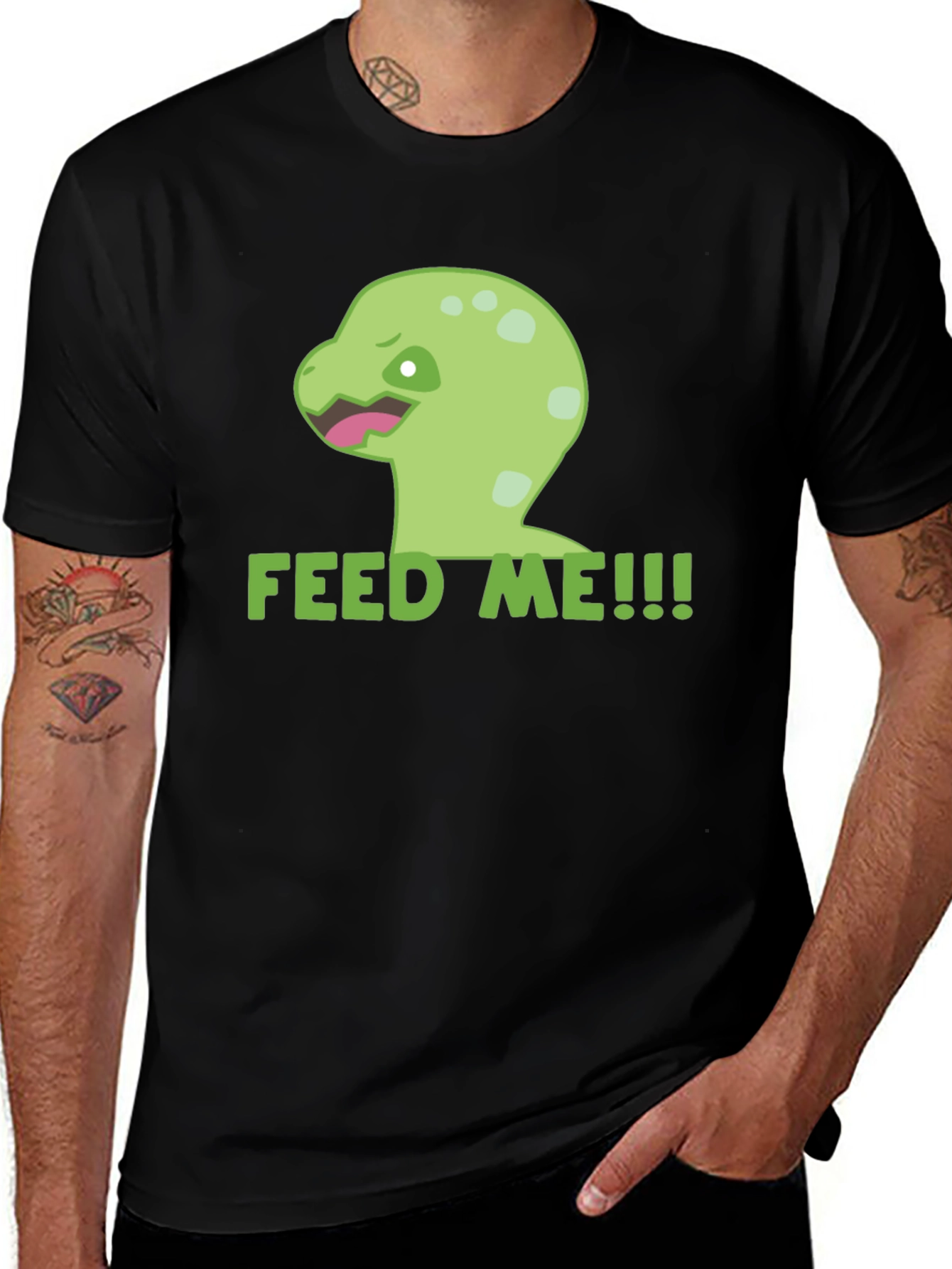 Variant 20 of Feed Me Dinosaur T-Shirt - Black Graphic Tee