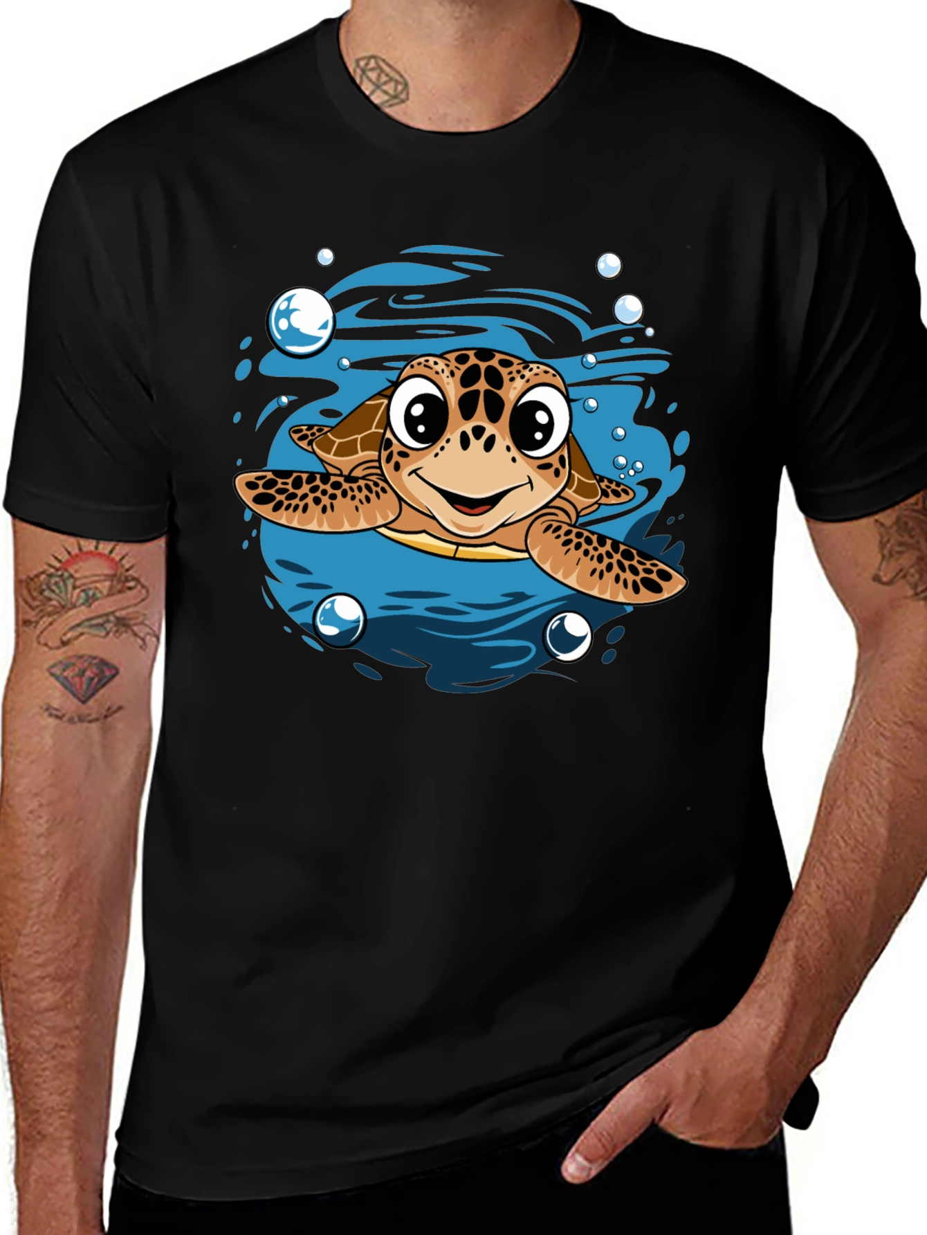 Variant 2 of Cartoon Sea Turtle T-Shirt - Men's Black Tee