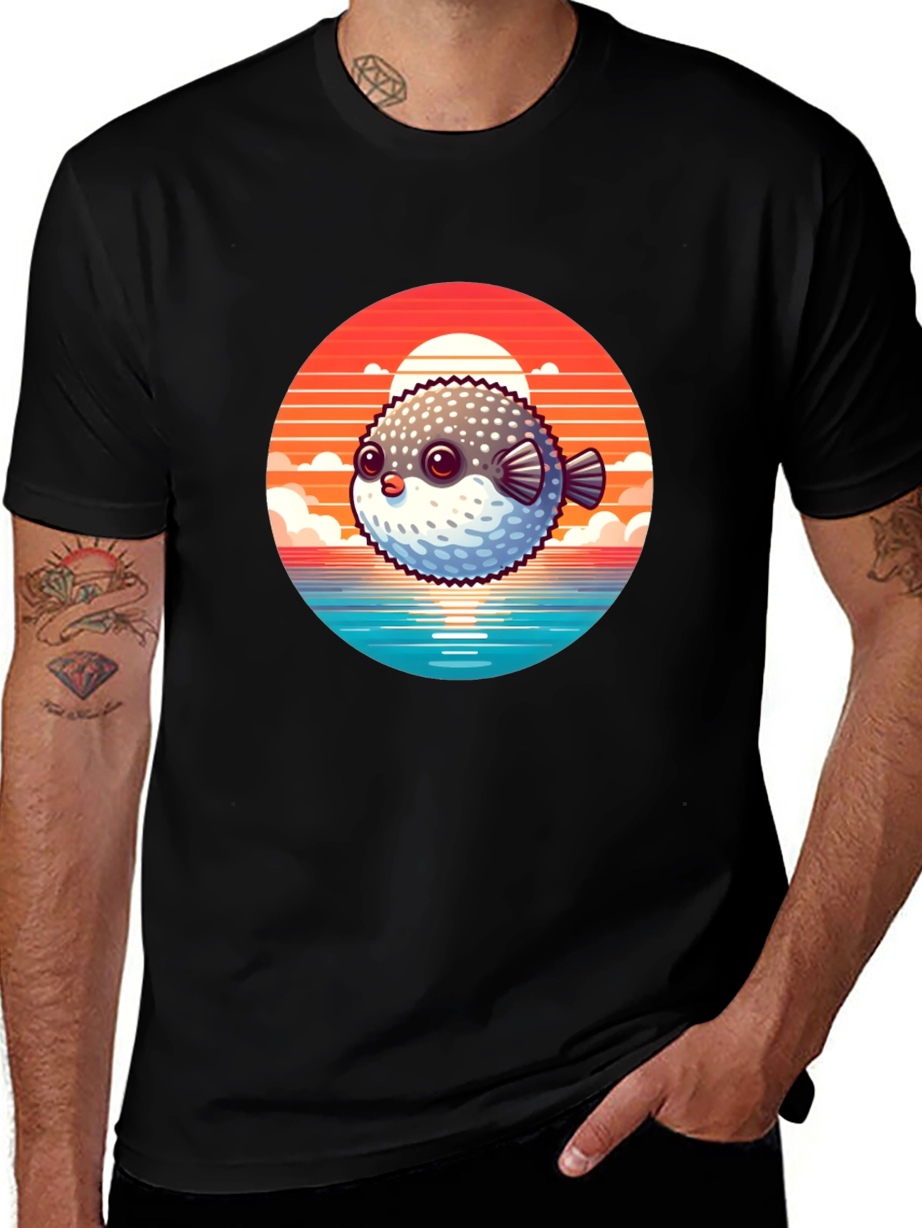 Variant 28 of Cute Pufferfish Sunset Graphic Tee