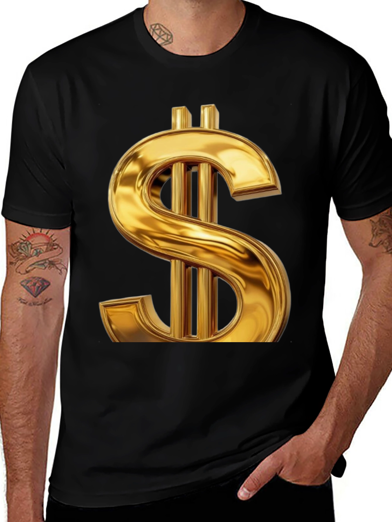 Variant 7 of Gold Dollar Sign Graphic Tee - Black