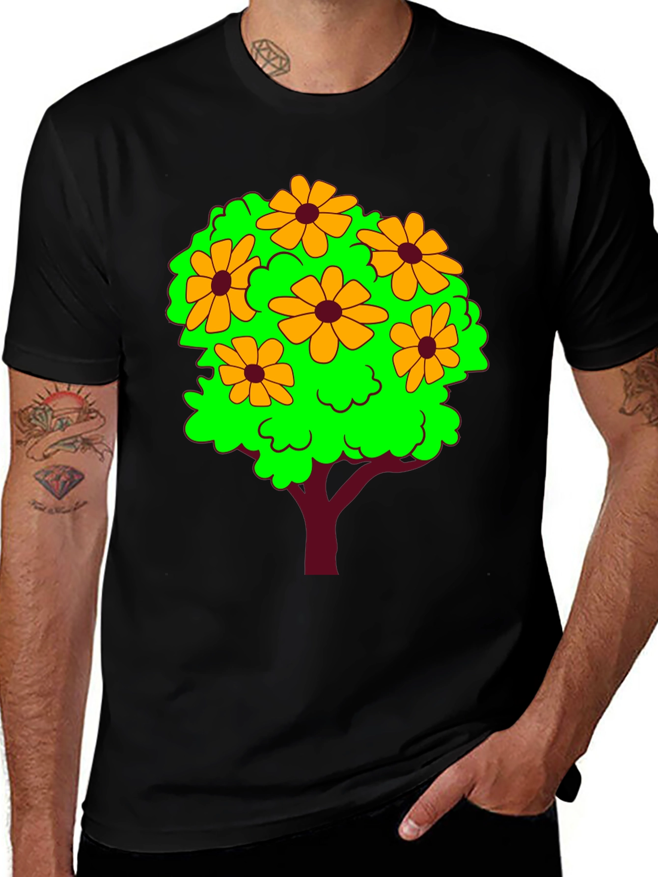 Variant 18 of Floral Tree Graphic Tee - Black Casual Cotton Shirt