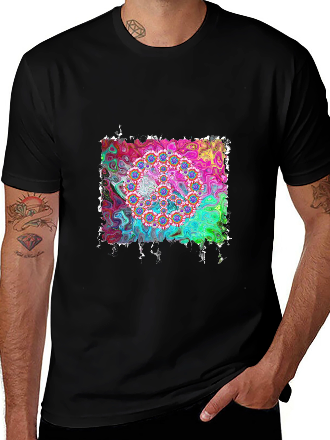 Variant 25 of Psychedelic Floral Circle Graphic Black T-Shirt