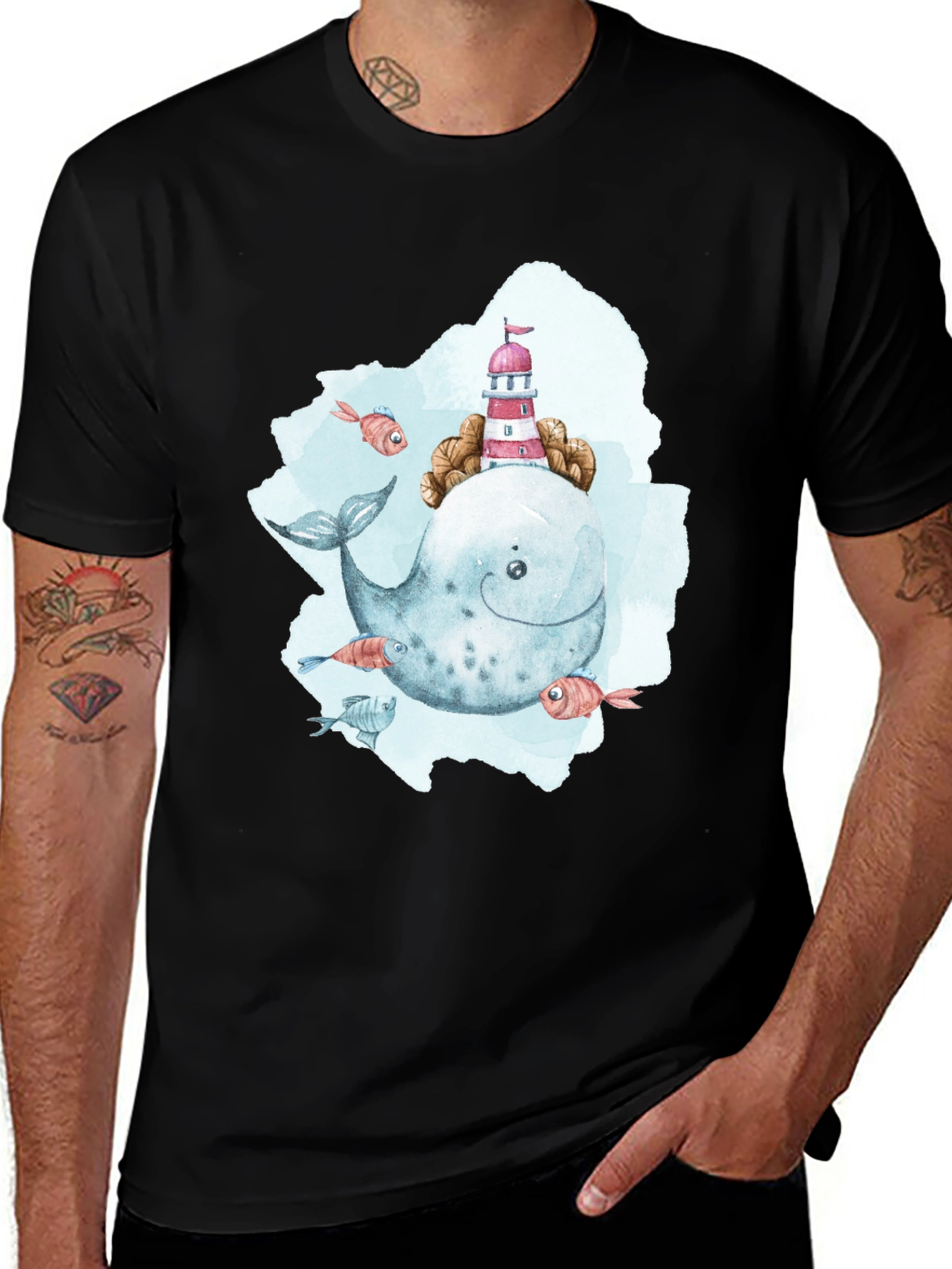 Variant 13 of Whimsical Whale & Lighthouse Graphic Tee - Unique Design