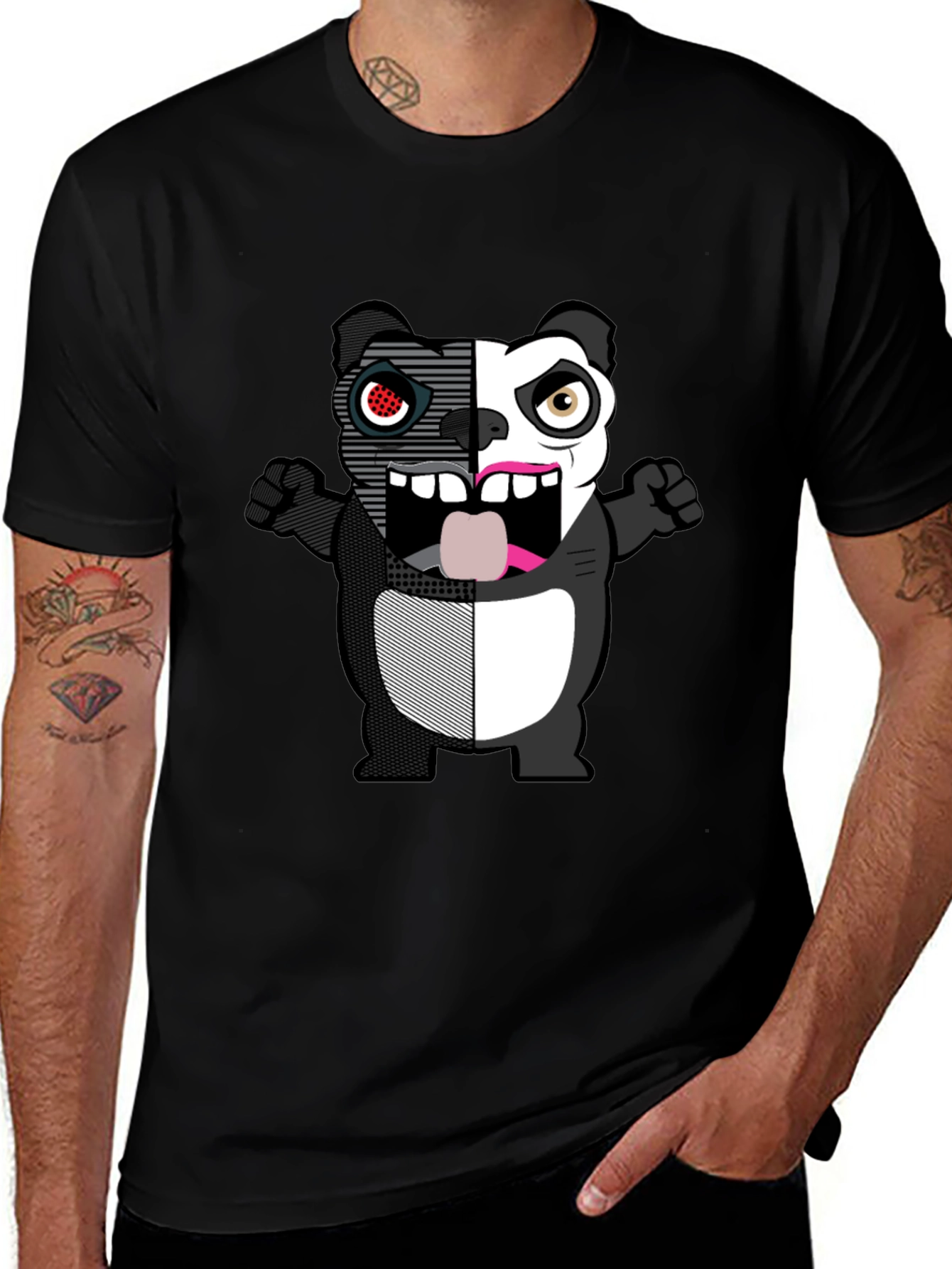 Variant 5 of Split-Face Cartoon Panda Black T-Shirt