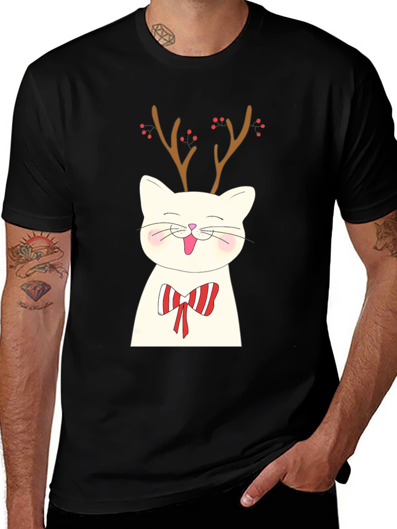 Variant 23 of Festive Cat Reindeer Graphic Tee - Holiday Style