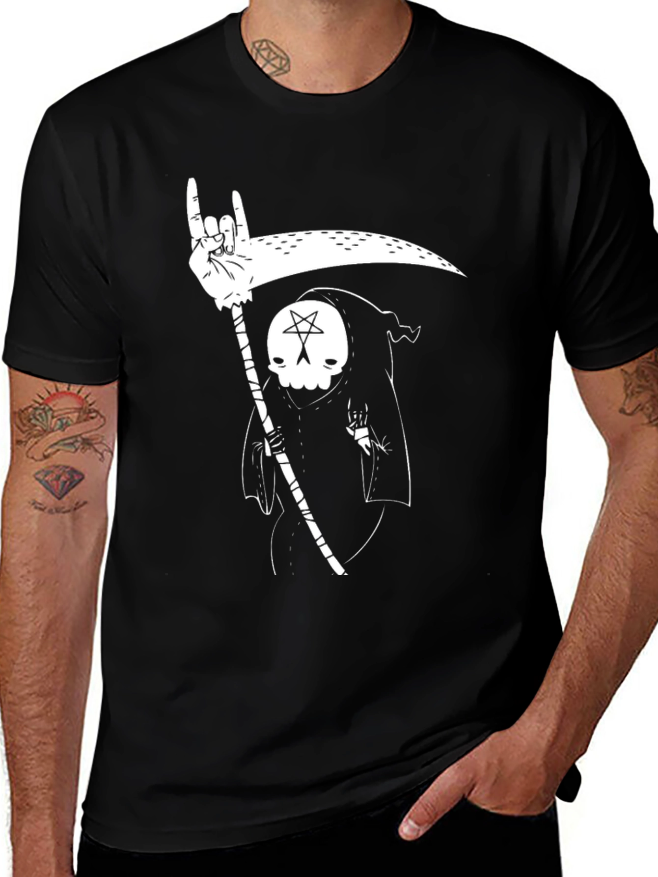 Variant 15 of Grim Reaper Rock On T-Shirt - Black Graphic Tee
