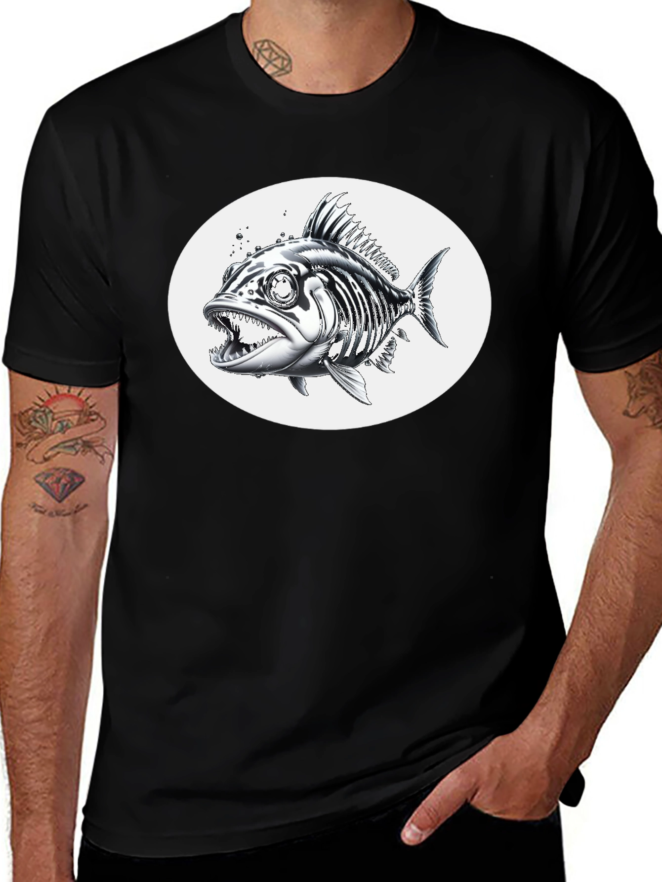 Variant 25 of Men's Black Graphic T-Shirt - Angry Fish Design