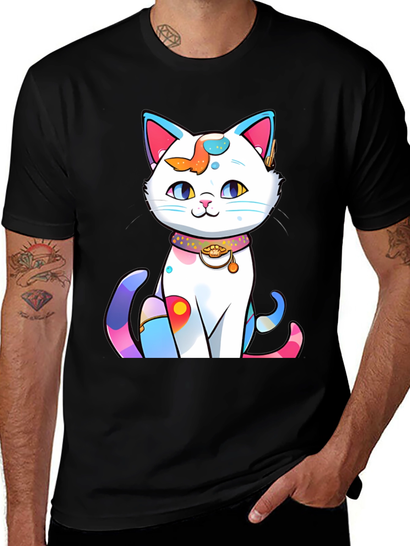 Variant 24 of Stylish Black Tee with Colorful Cartoon Cat Design