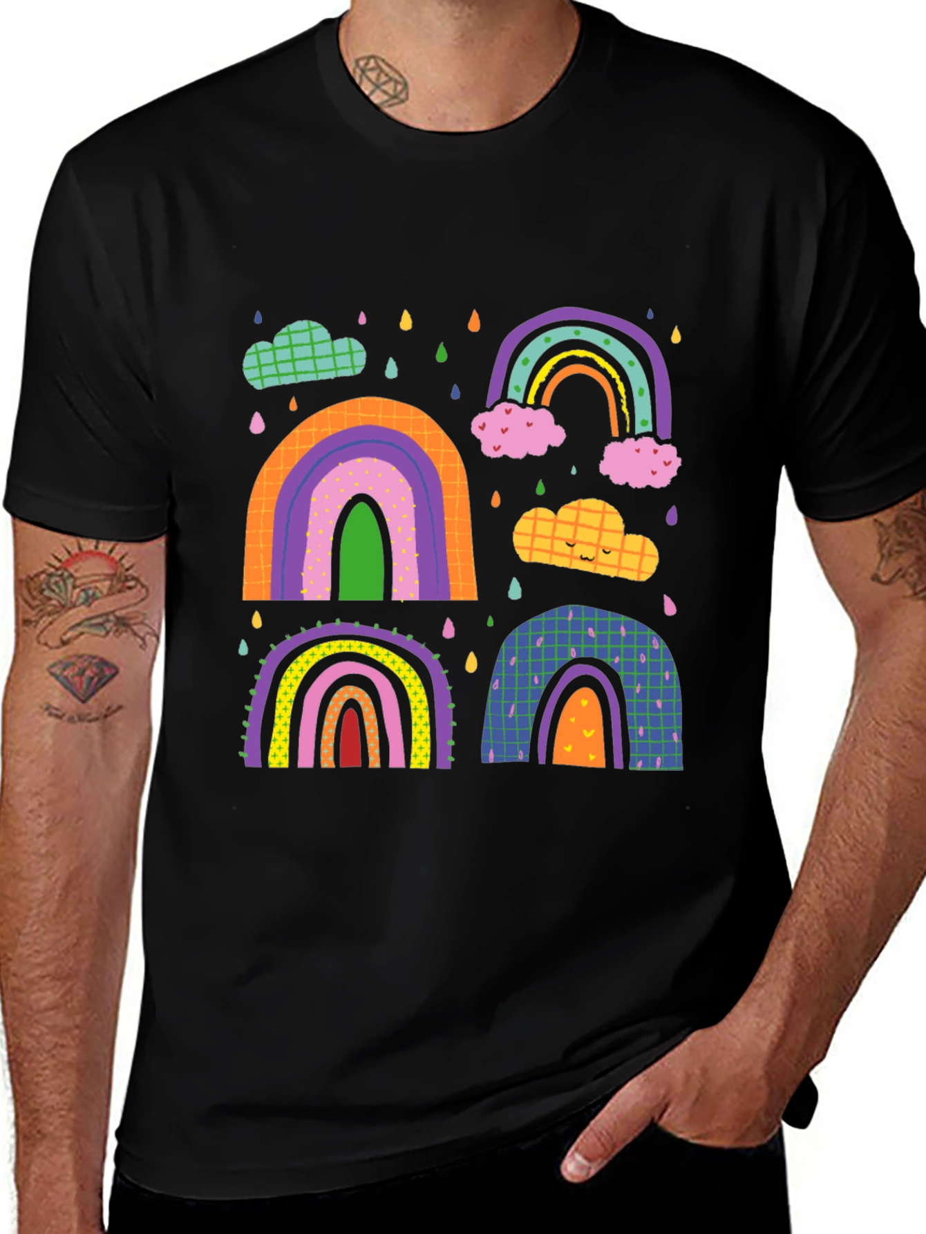 Variant 21 of Rainbows & Clouds Graphic Tee - Black Cotton T-Shirt