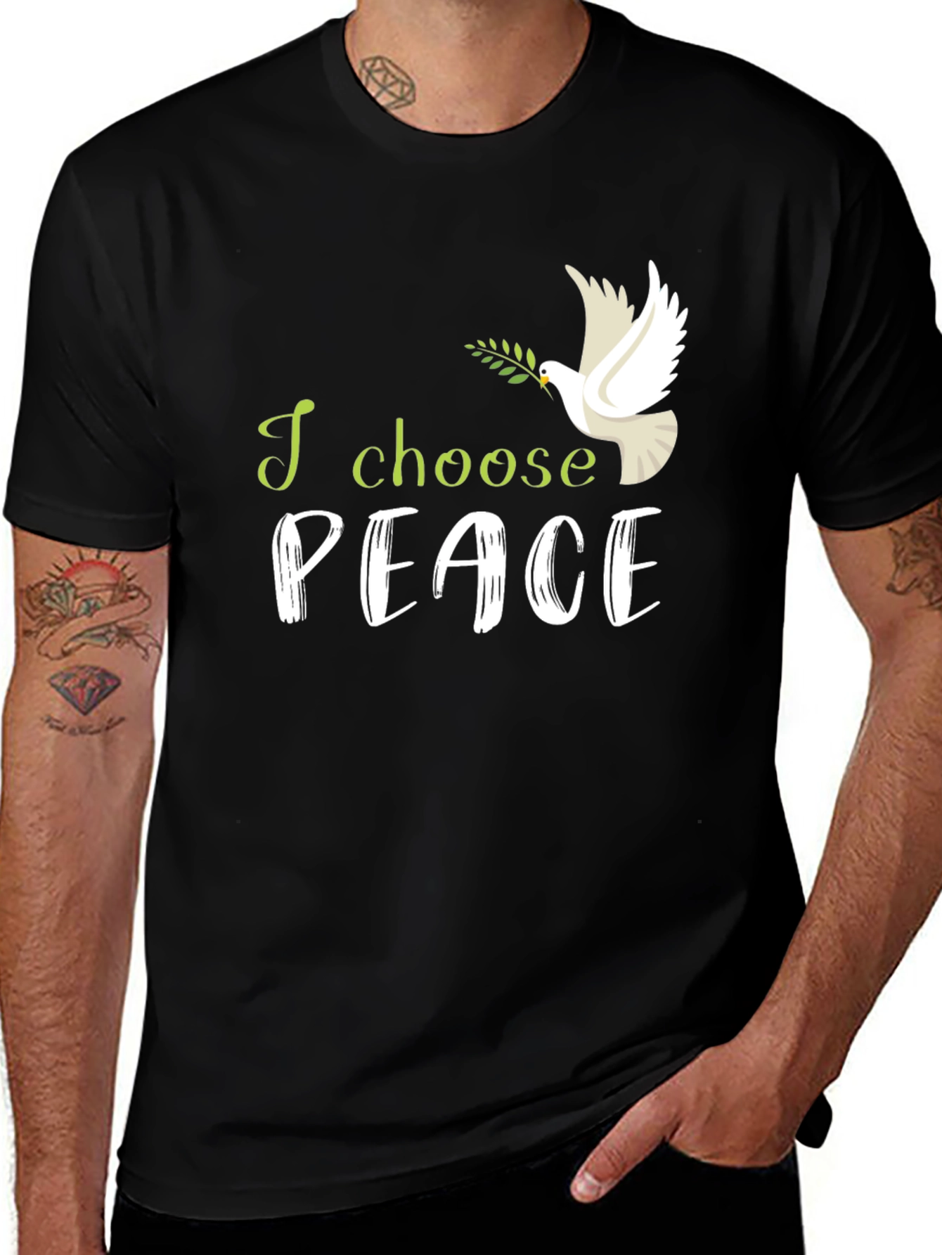 Black I Choose Peace T-Shirt: Dove with Olive Branch main image