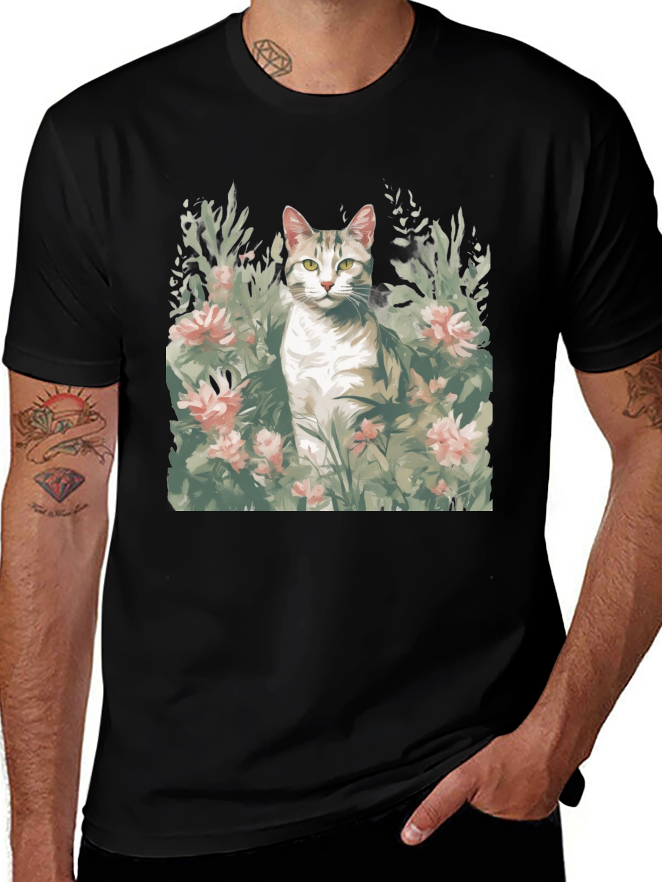 Variant 12 of Cat in Flowers Graphic Tee - Unique Artistic Design