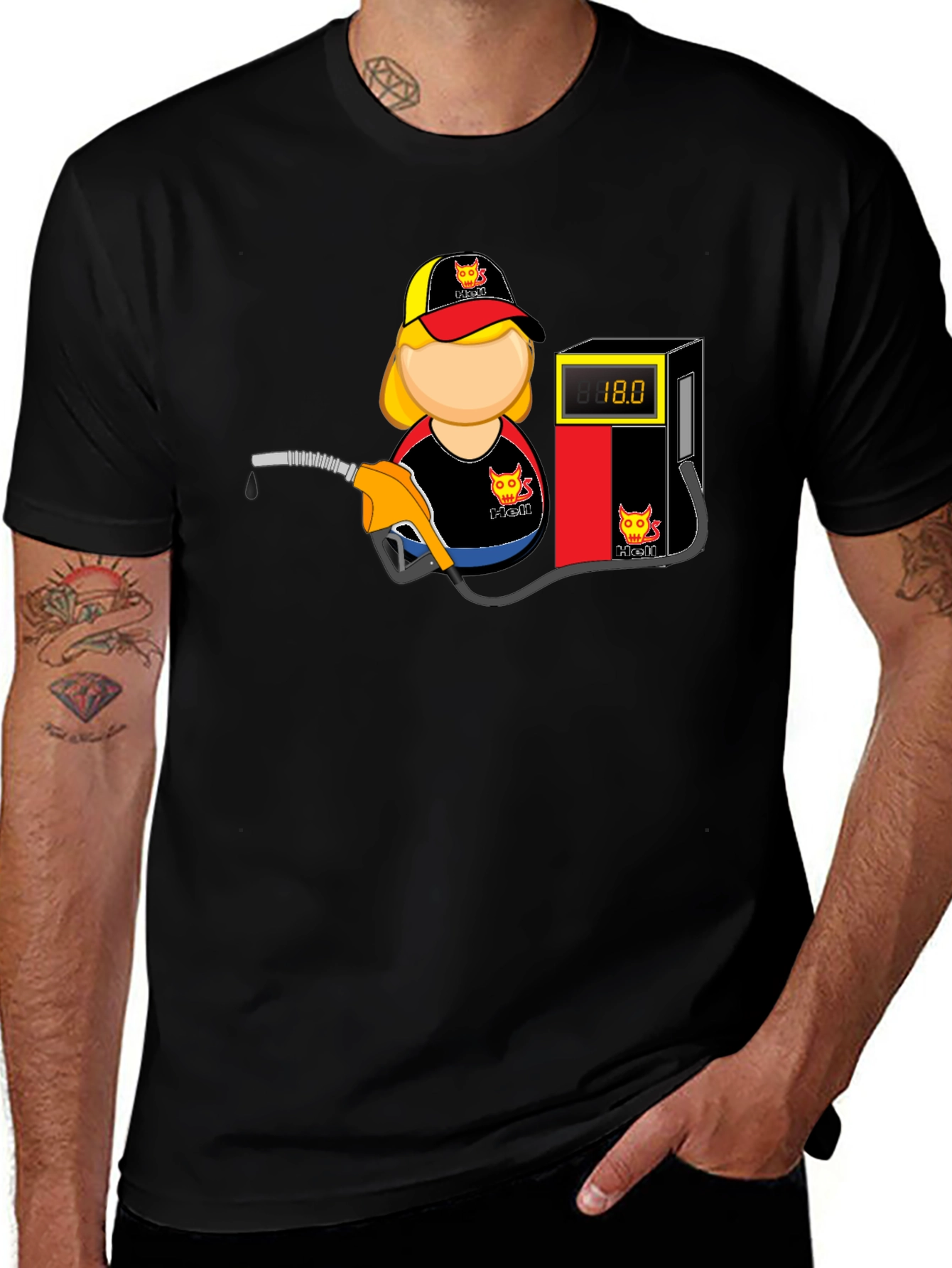 Variant 6 of Cartoon Gas Station Attendant Black T-Shirt