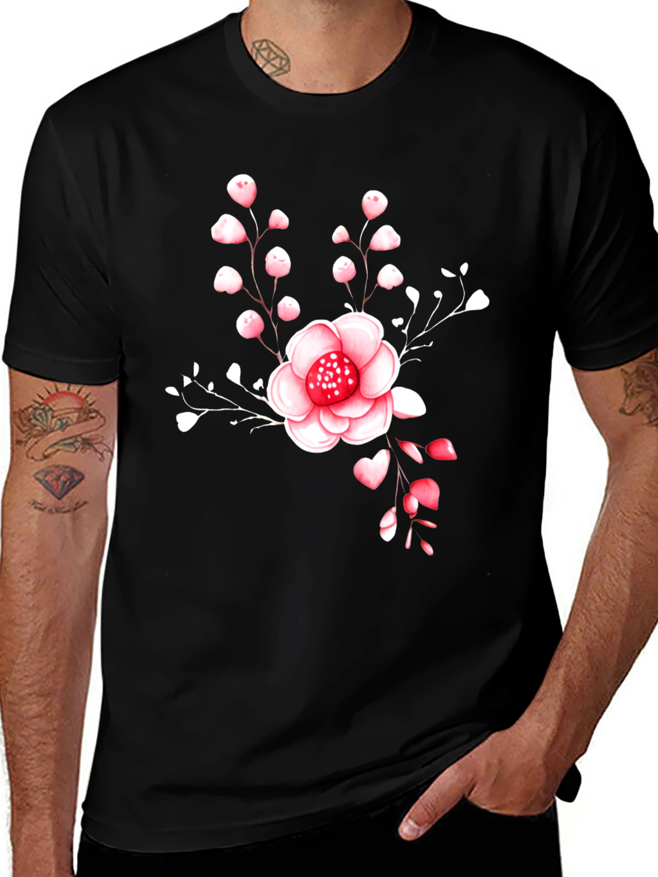 Variant 8 of Floral Print Black T-Shirt for Men