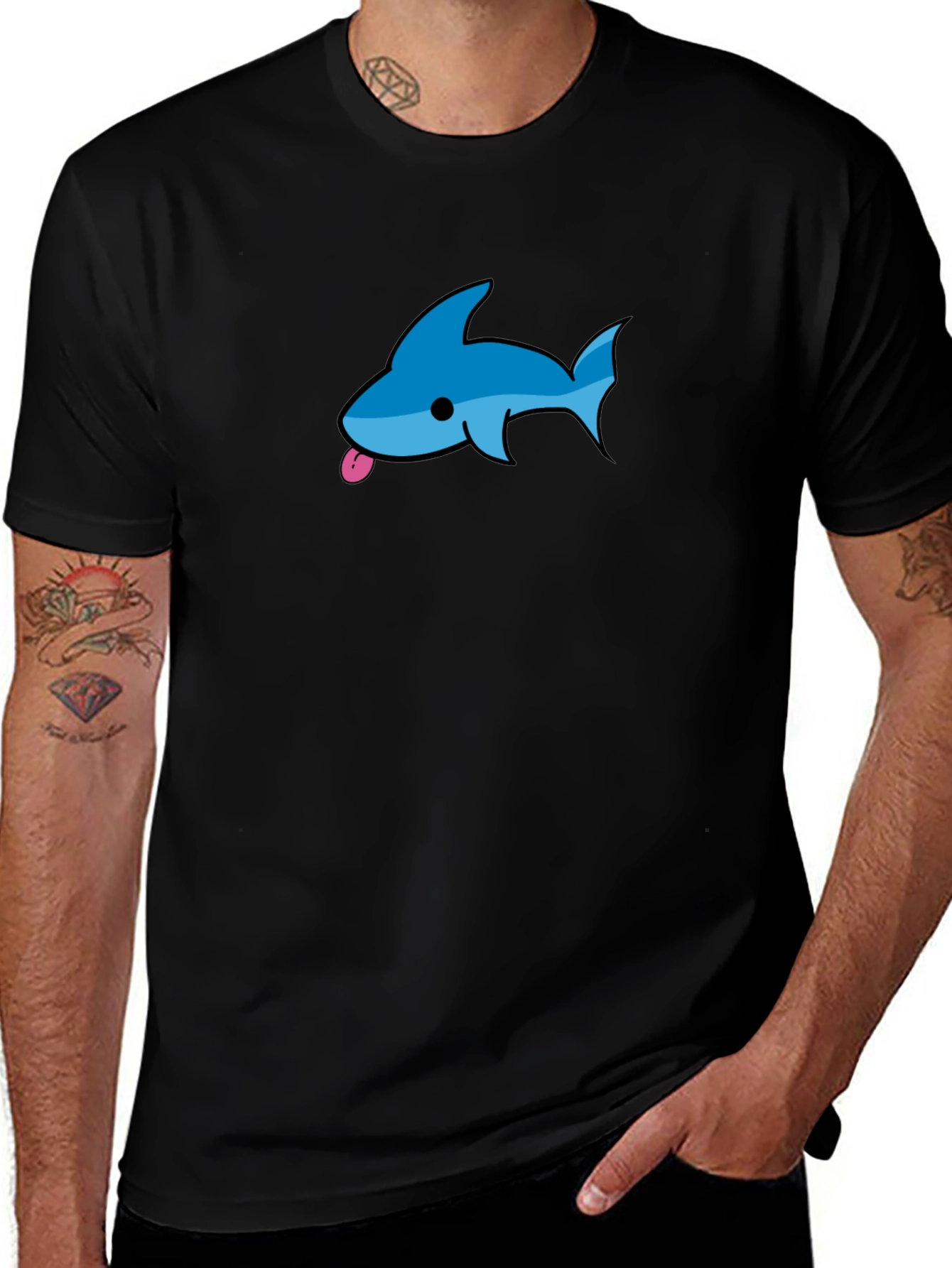 Variant 3 of Men's Black T-Shirt with Blue Cartoon Shark Design