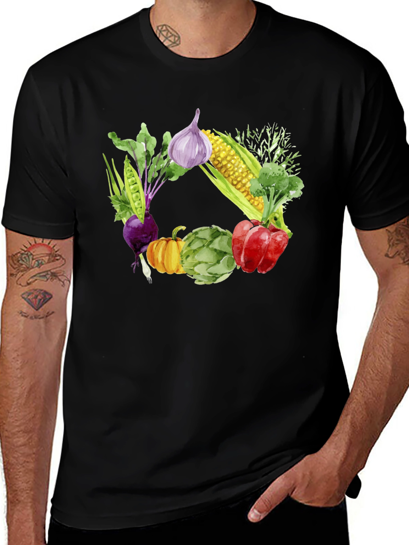 Variant 3 of Vegetable Wreath Graphic T-Shirt - Black Cotton Blend