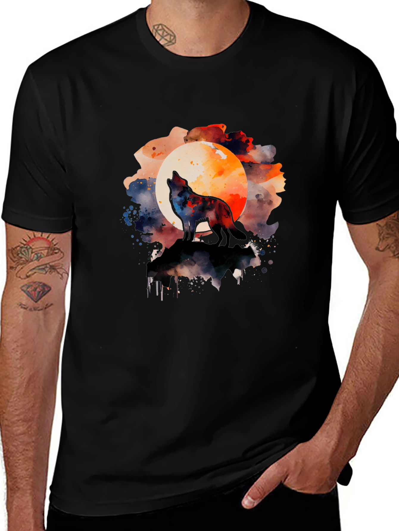 Black Wolf Howling Moon Watercolor Graphic Tee - Black main image