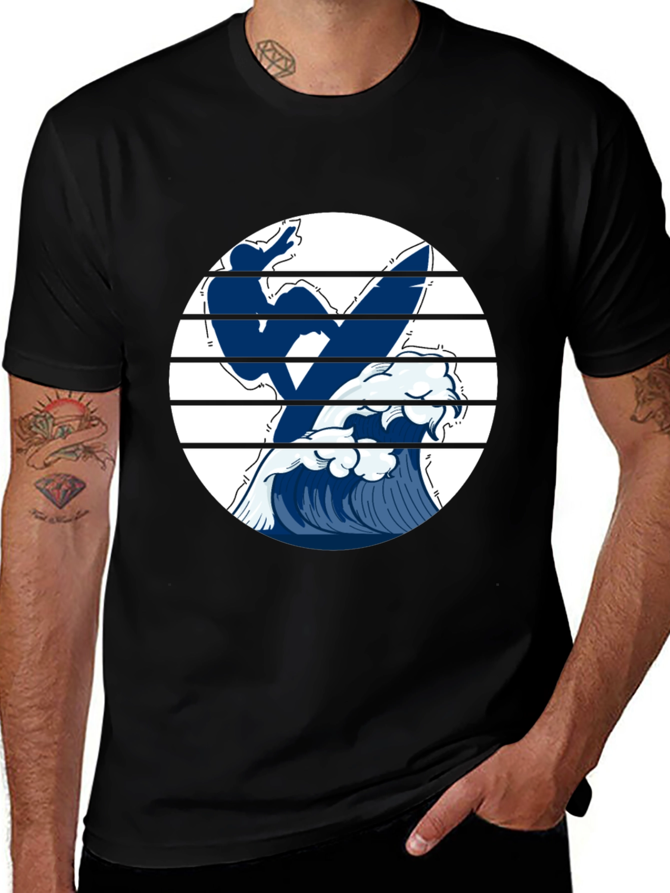 Variant 26 of Surfing Wave Graphic Tee - Black Cotton T-Shirt