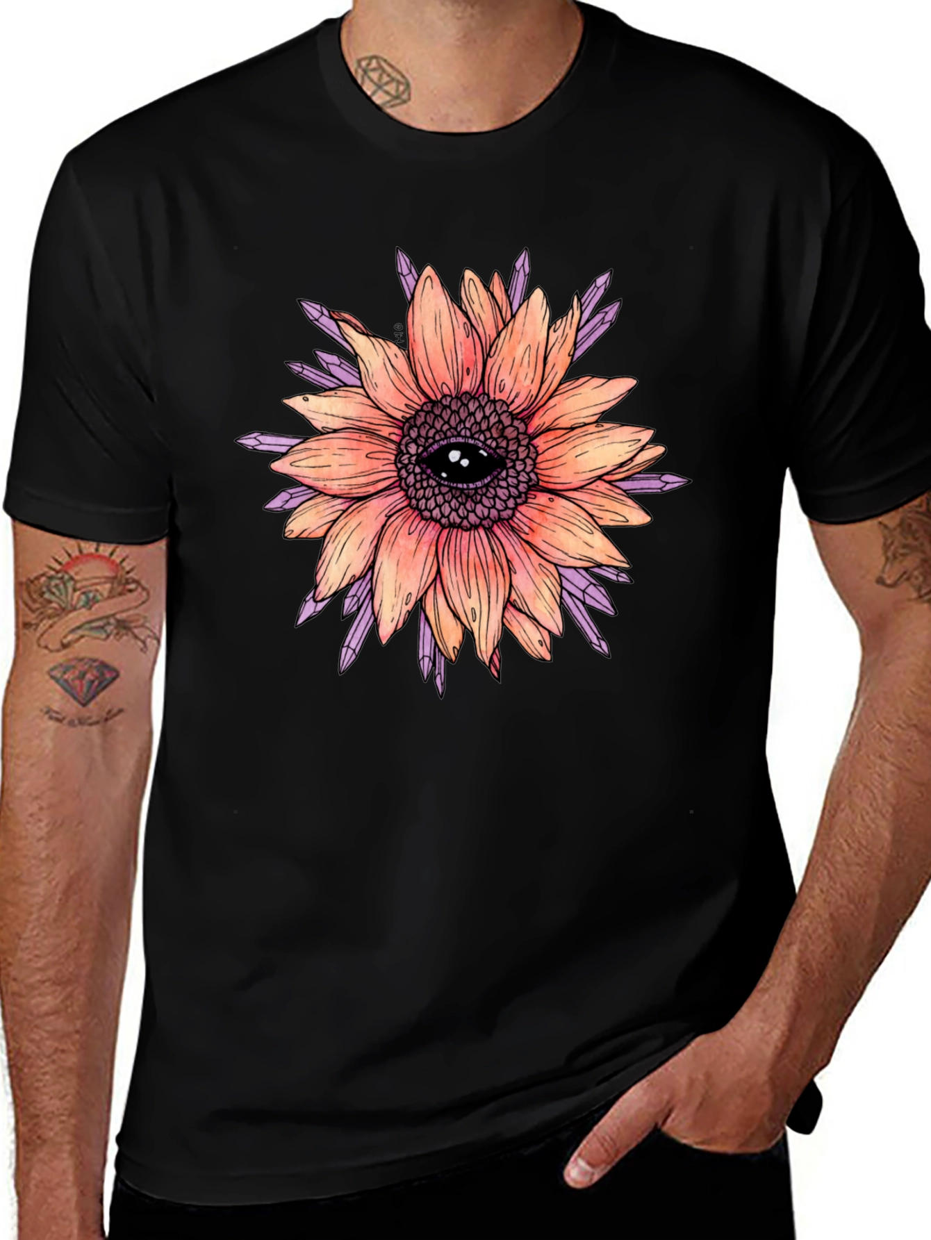 Sunflower Eye Graphic Tee - Unique Design, Black Cotton Shirt