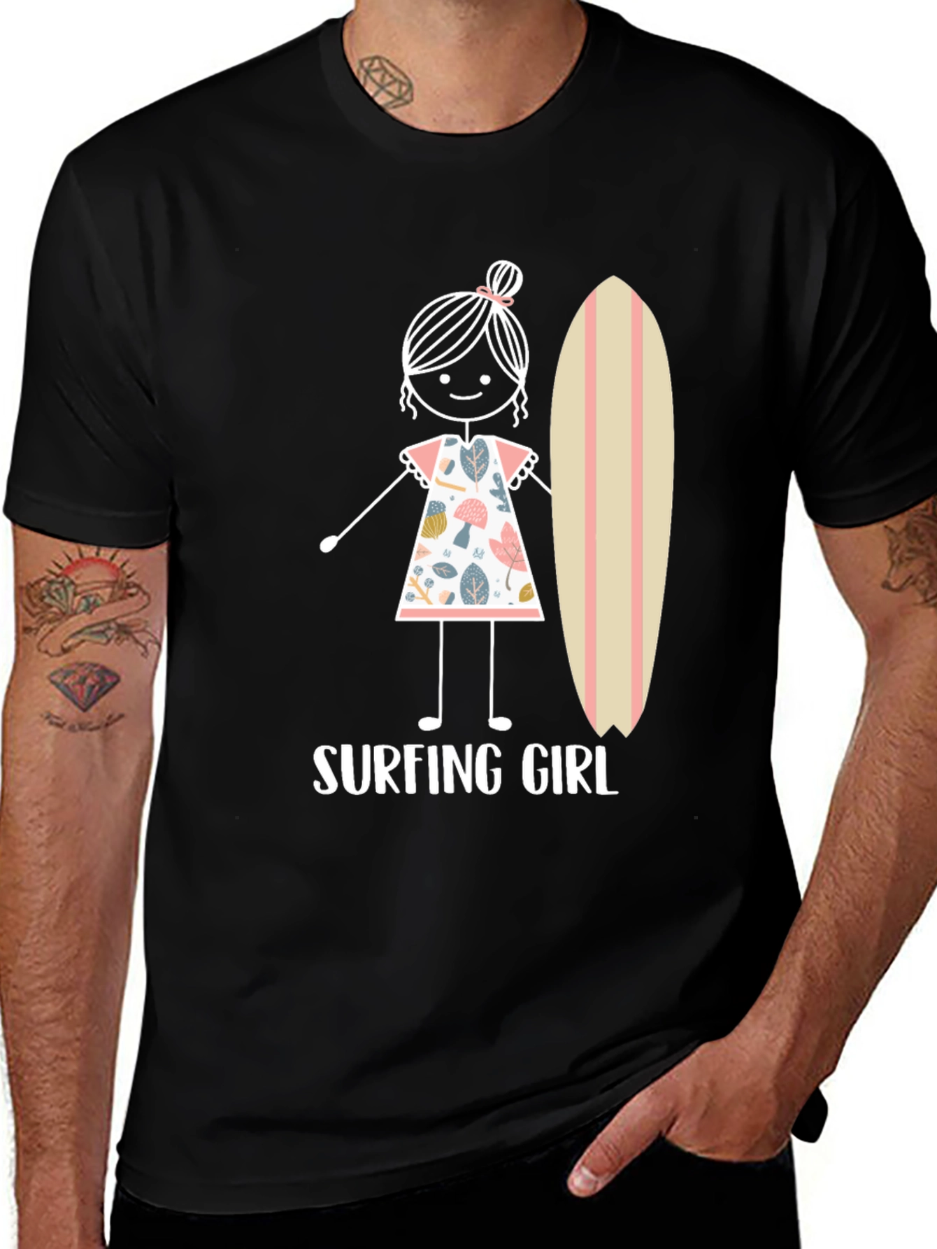 Variant 19 of Surfing Girl Graphic Tee - Cute Stick Figure Design