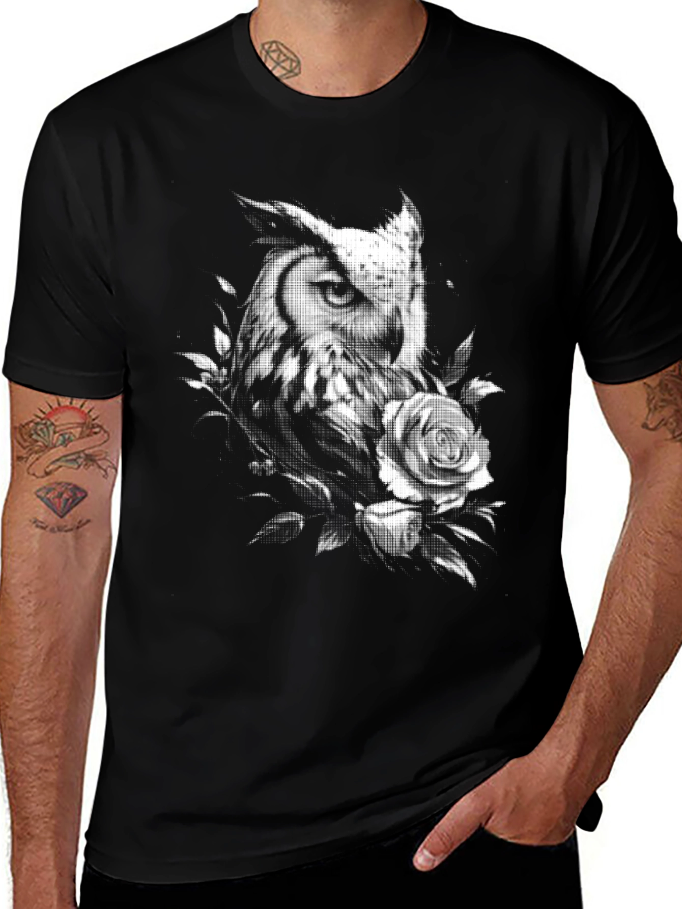 Variant 20 of Owl and Rose Graphic T-Shirt - Black