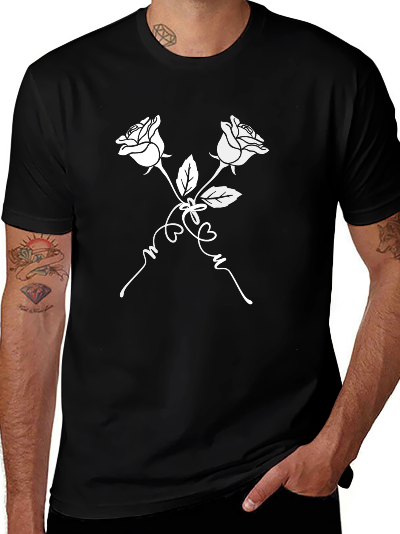 Variant 8 of Rose T-Shirt - Black with White Floral Design