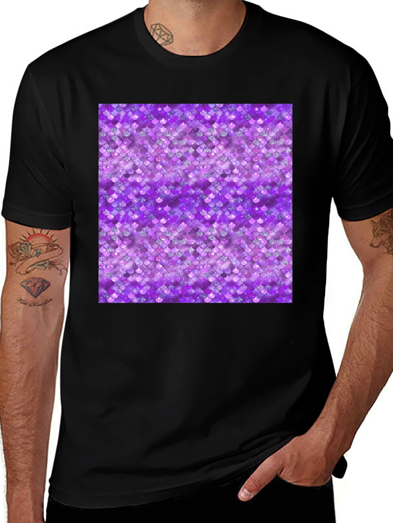 Variant 8 of Purple Mermaid Scales Pattern Black T-Shirt
