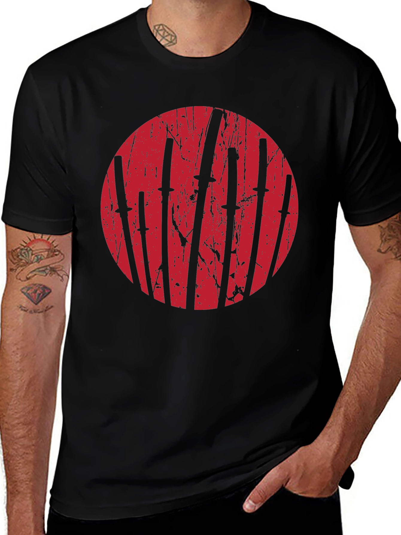 Variant 2 of Men's Black T-Shirt with Distressed Red Swords Design