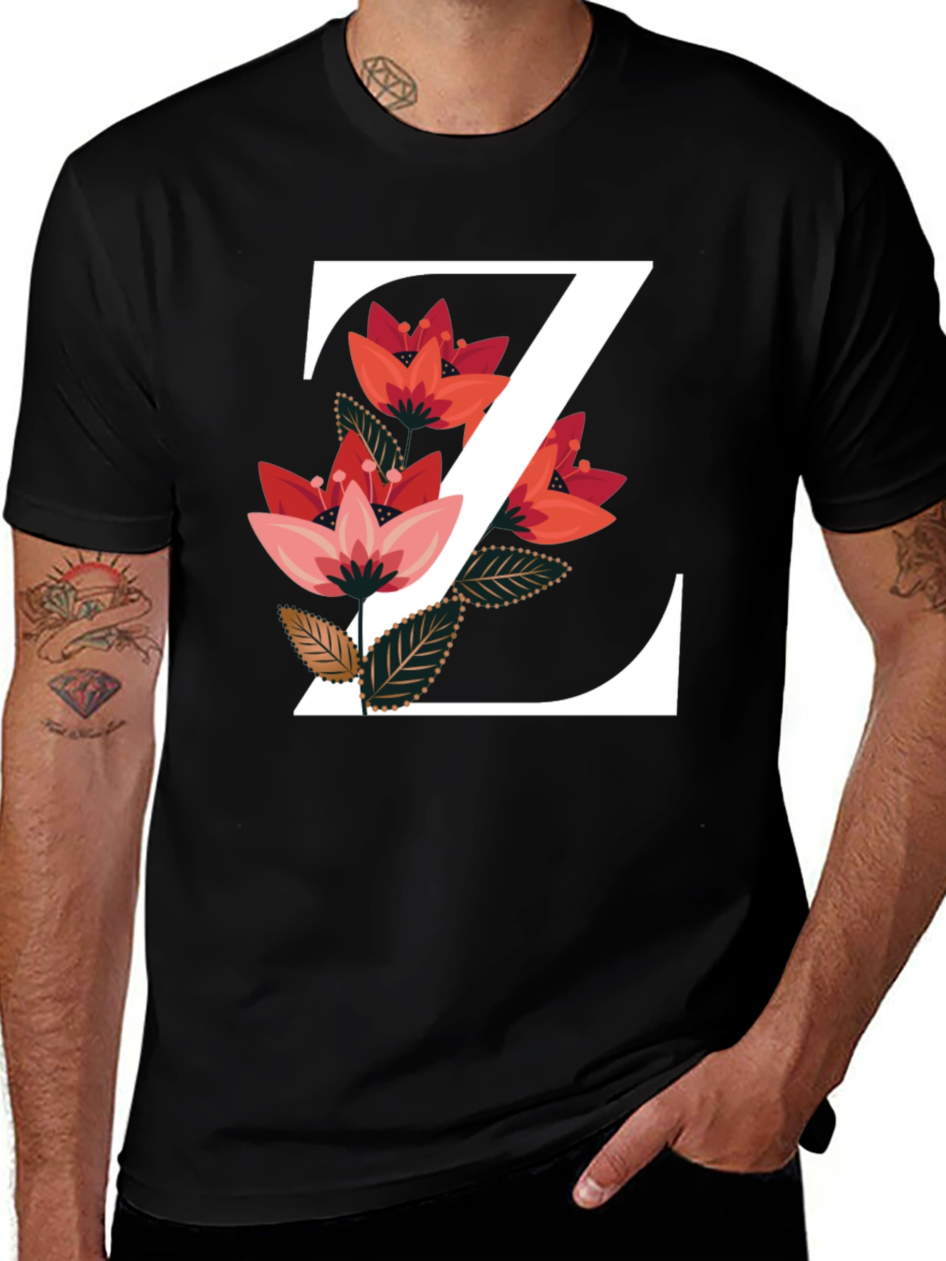 Variant 25 of Floral Initial 'Z' Black T-Shirt