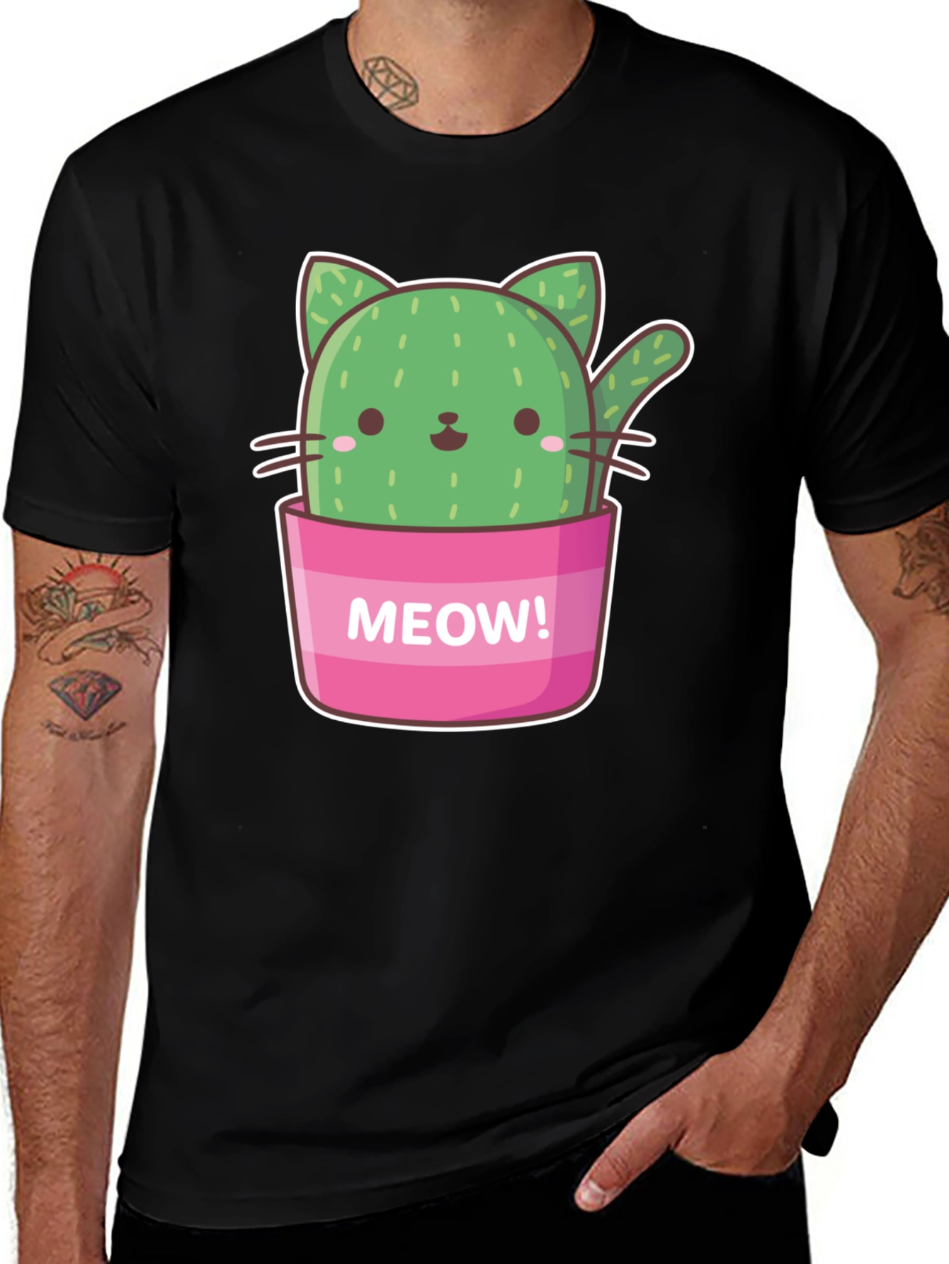 Variant 17 of Cactus Cat Graphic T-Shirt - "Meow!" Design