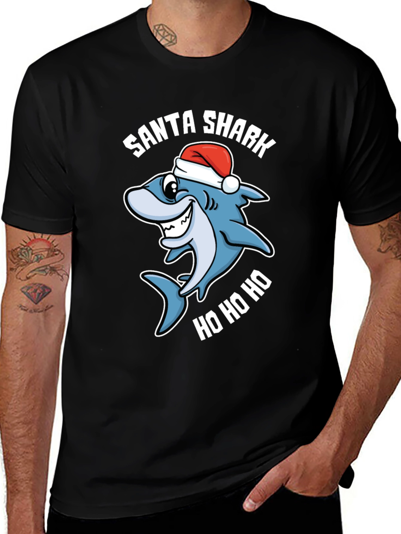 Santa Shark Ho Ho Ho Black T-Shirt