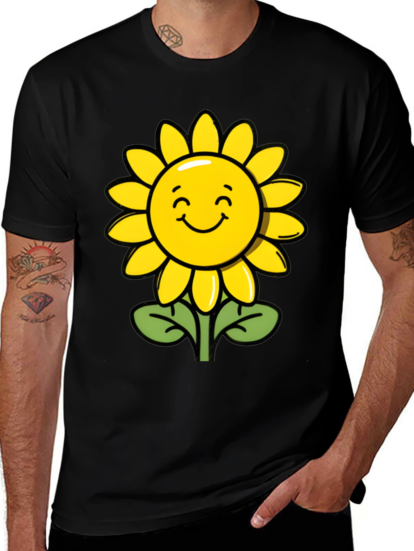 Variant 25 of Happy Sunflower Graphic Tee - Black Cotton T-Shirt