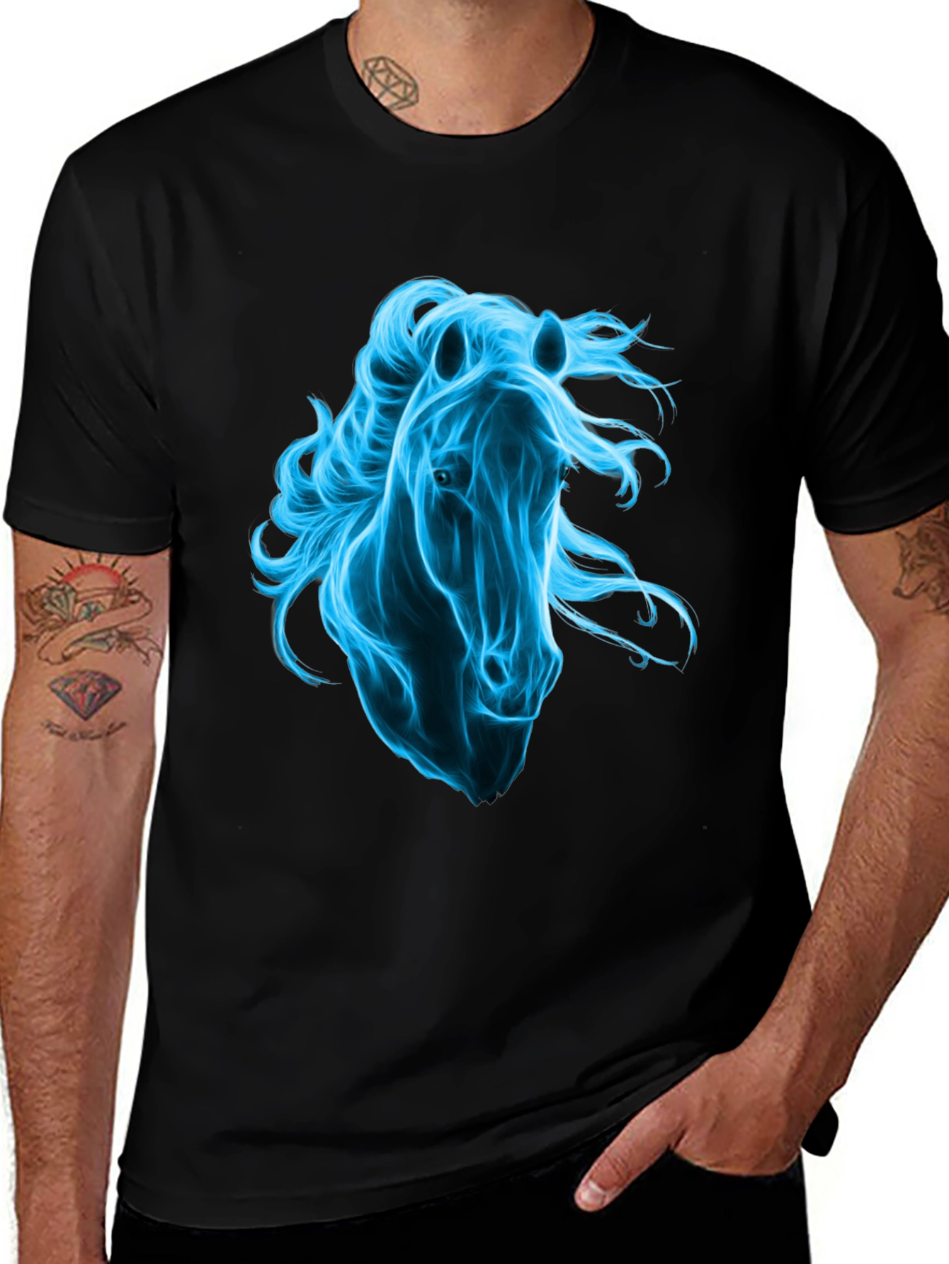 Variant 20 of Men's Black T-Shirt with Blue Horse Graphic