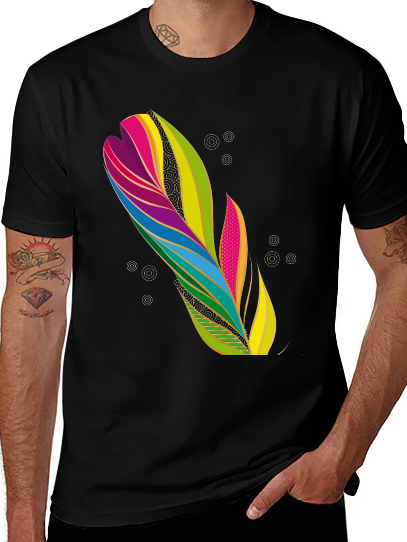 Variant 13 of Colorful Feather Graphic Black T-Shirt