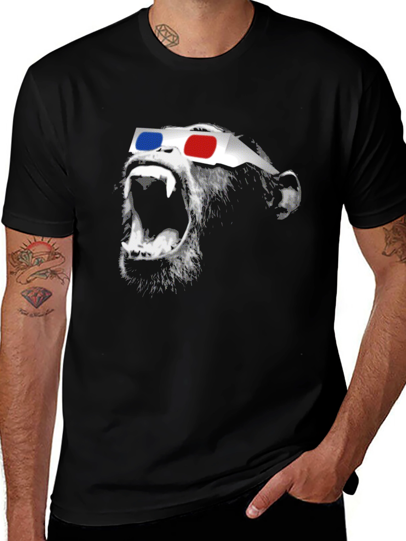 Variant 10 of 3D Monkey Graphic Tee - Men's Black Cotton T-Shirt