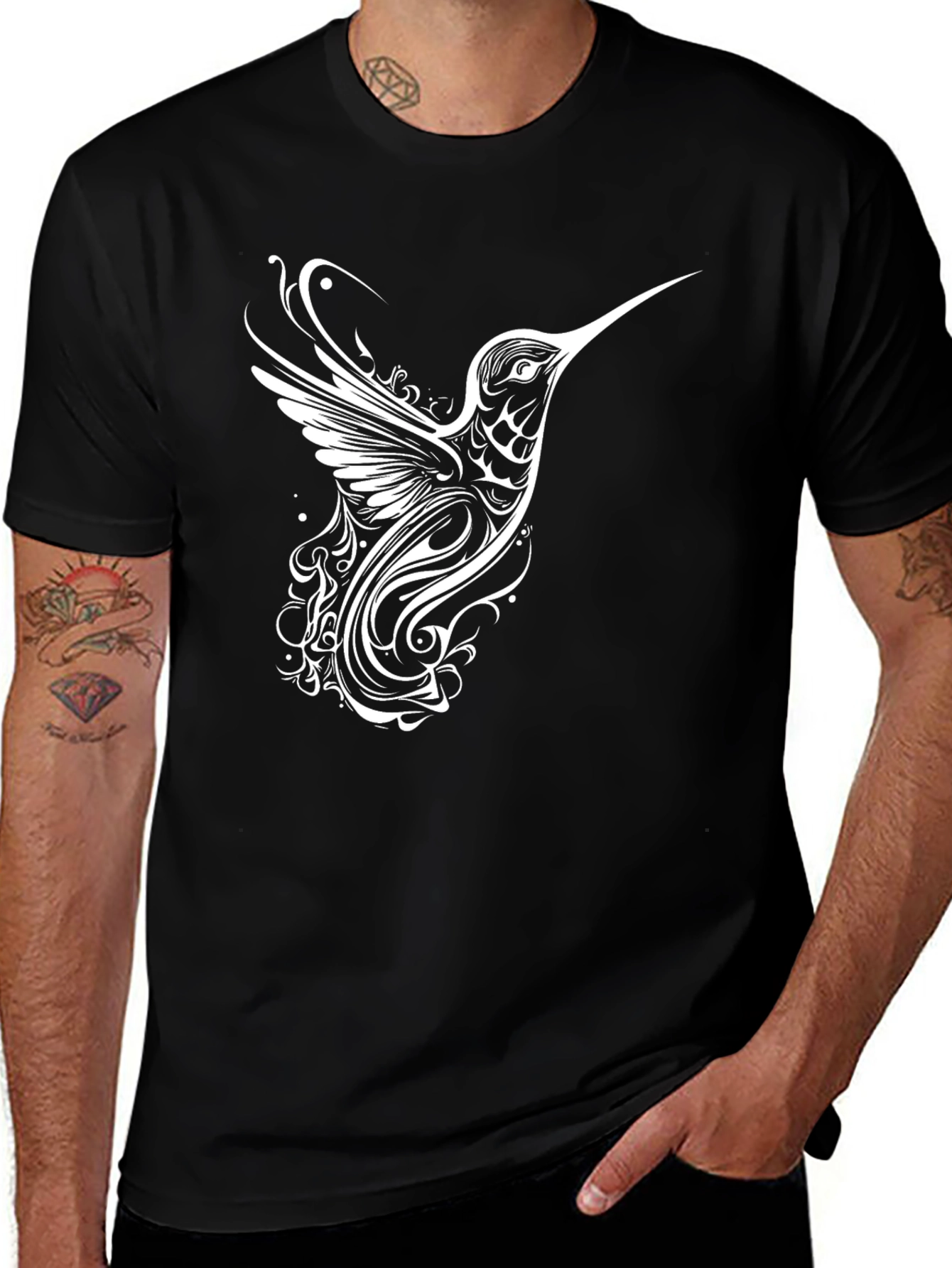 Variant 10 of Black T-Shirt with White Hummingbird Design