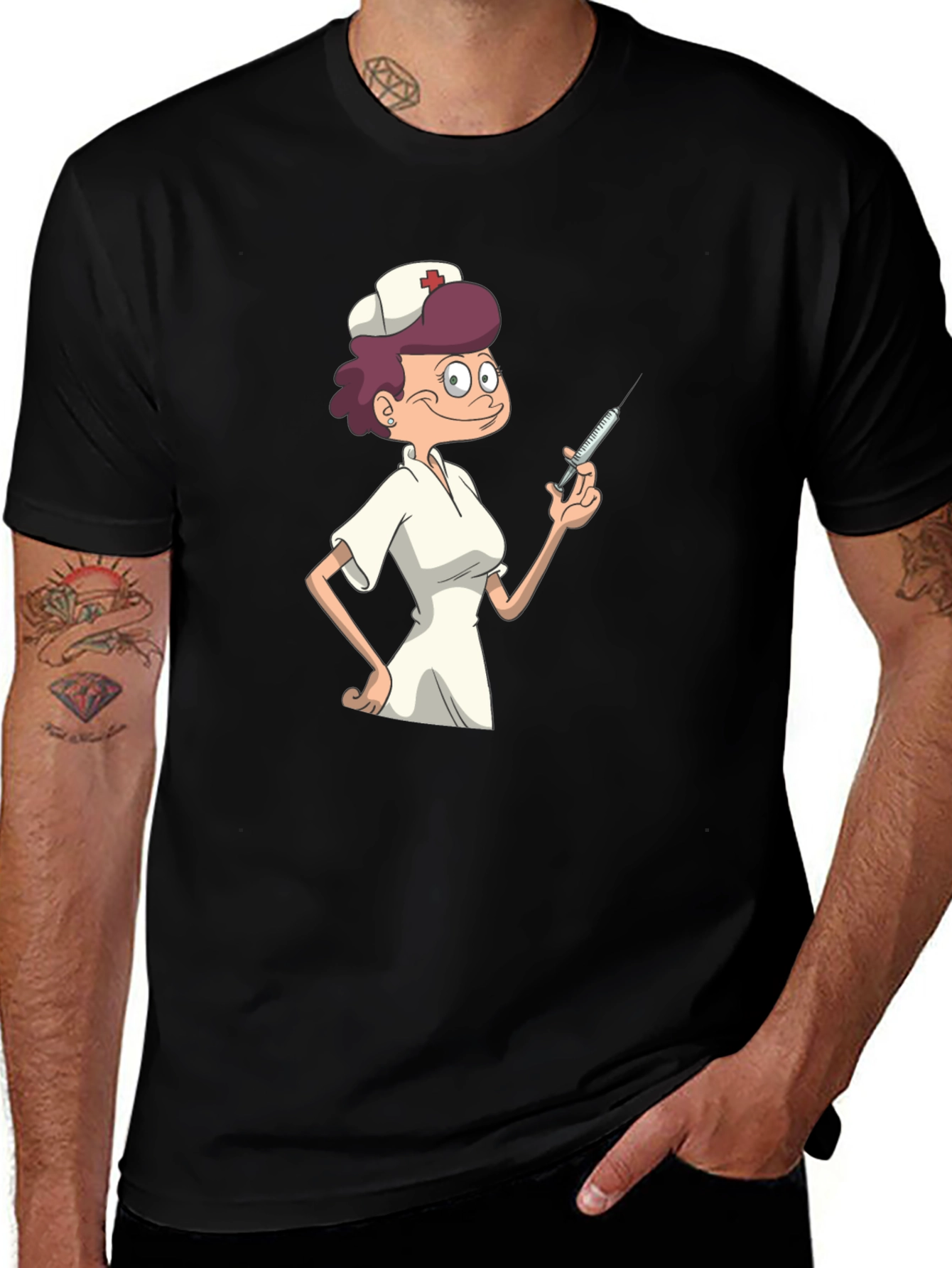 Variant 9 of Nurse Cartoon Graphic T-Shirt - Black Casual Tee