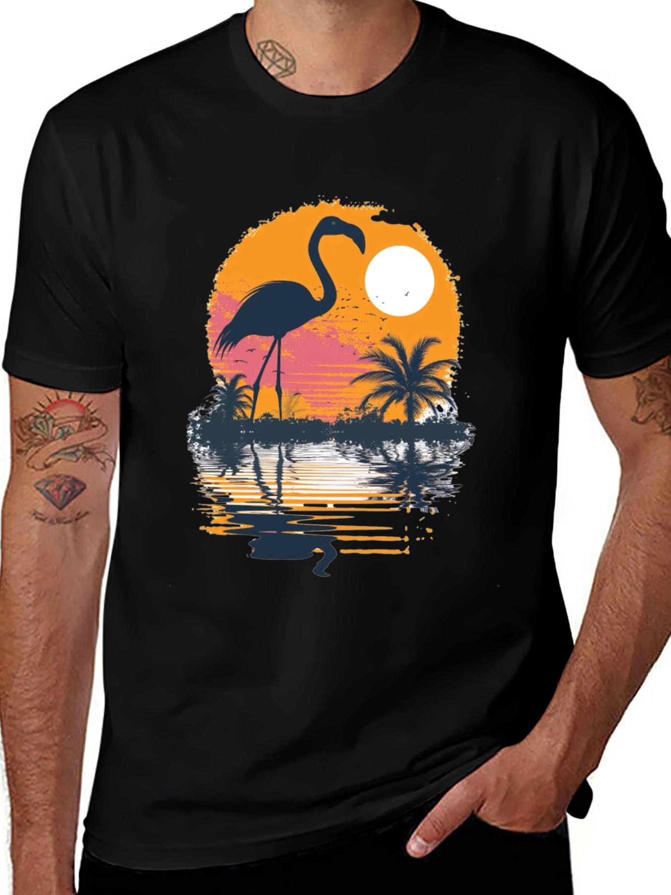 Variant 19 of Flamingo Sunset Graphic Tee - Black Cotton Blend