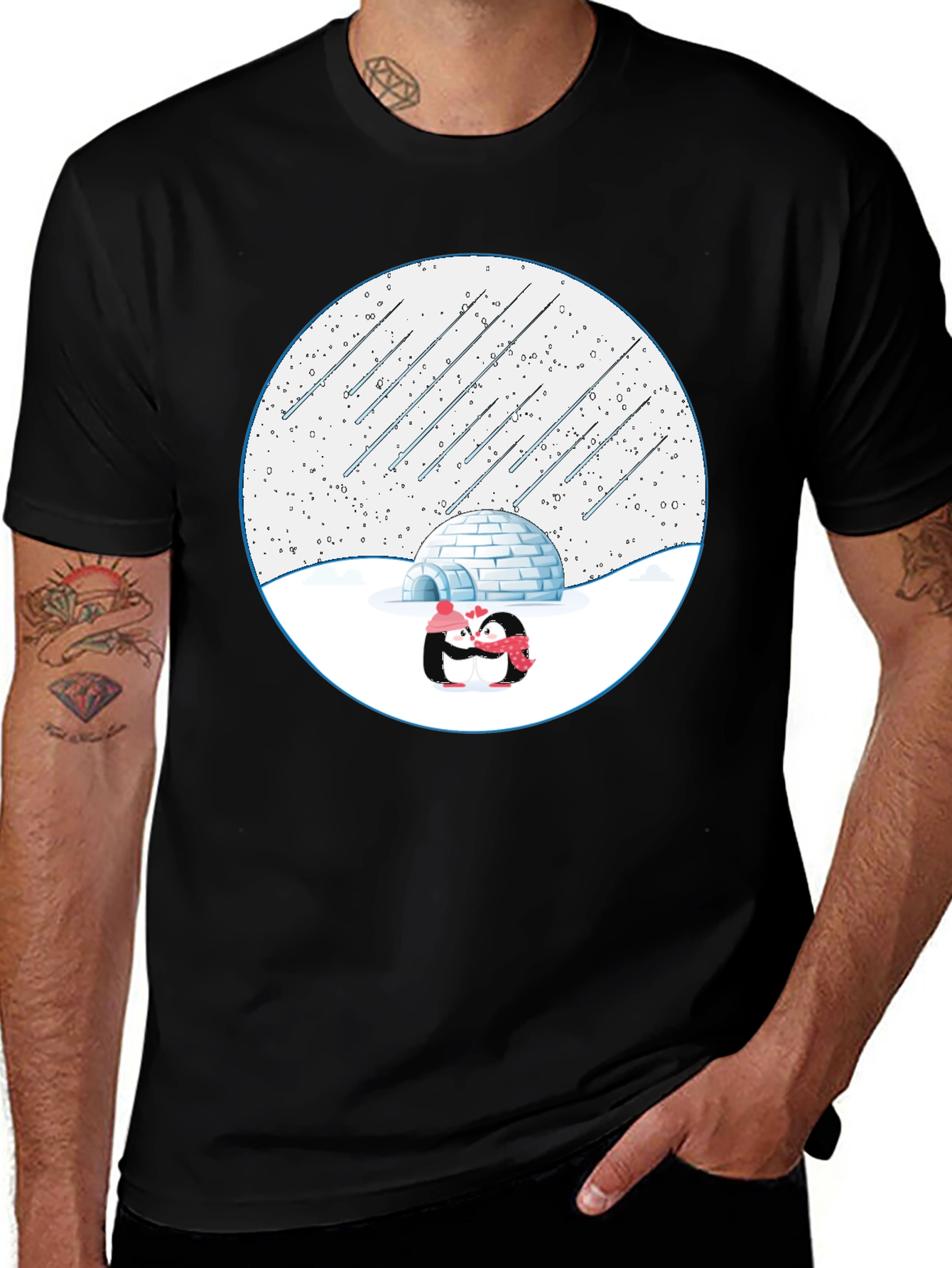Variant 11 of Winter Penguins Igloo Black T-Shirt