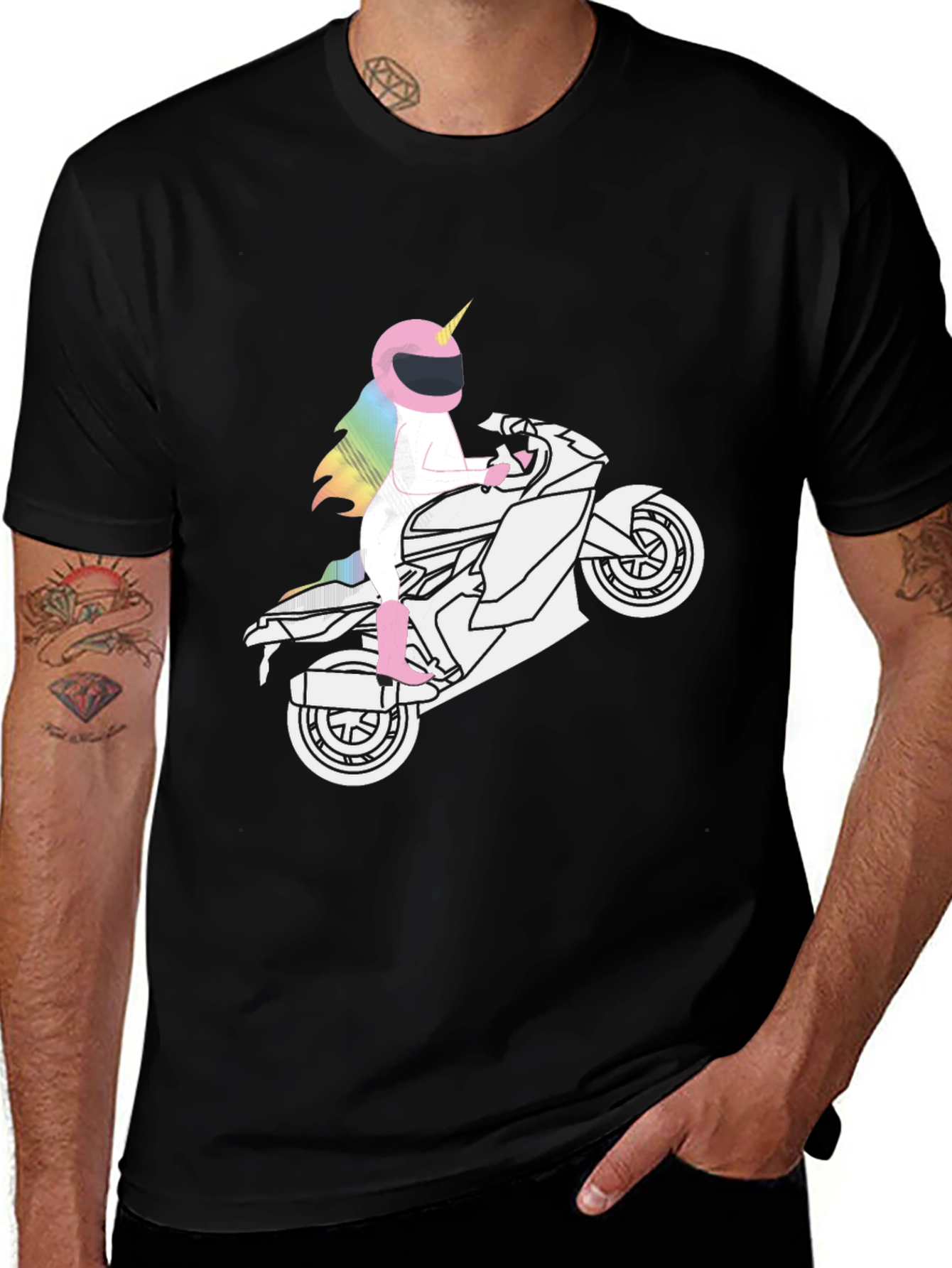 Variant 7 of Unicorn Motorcycle Graphic Tee - Black Cotton