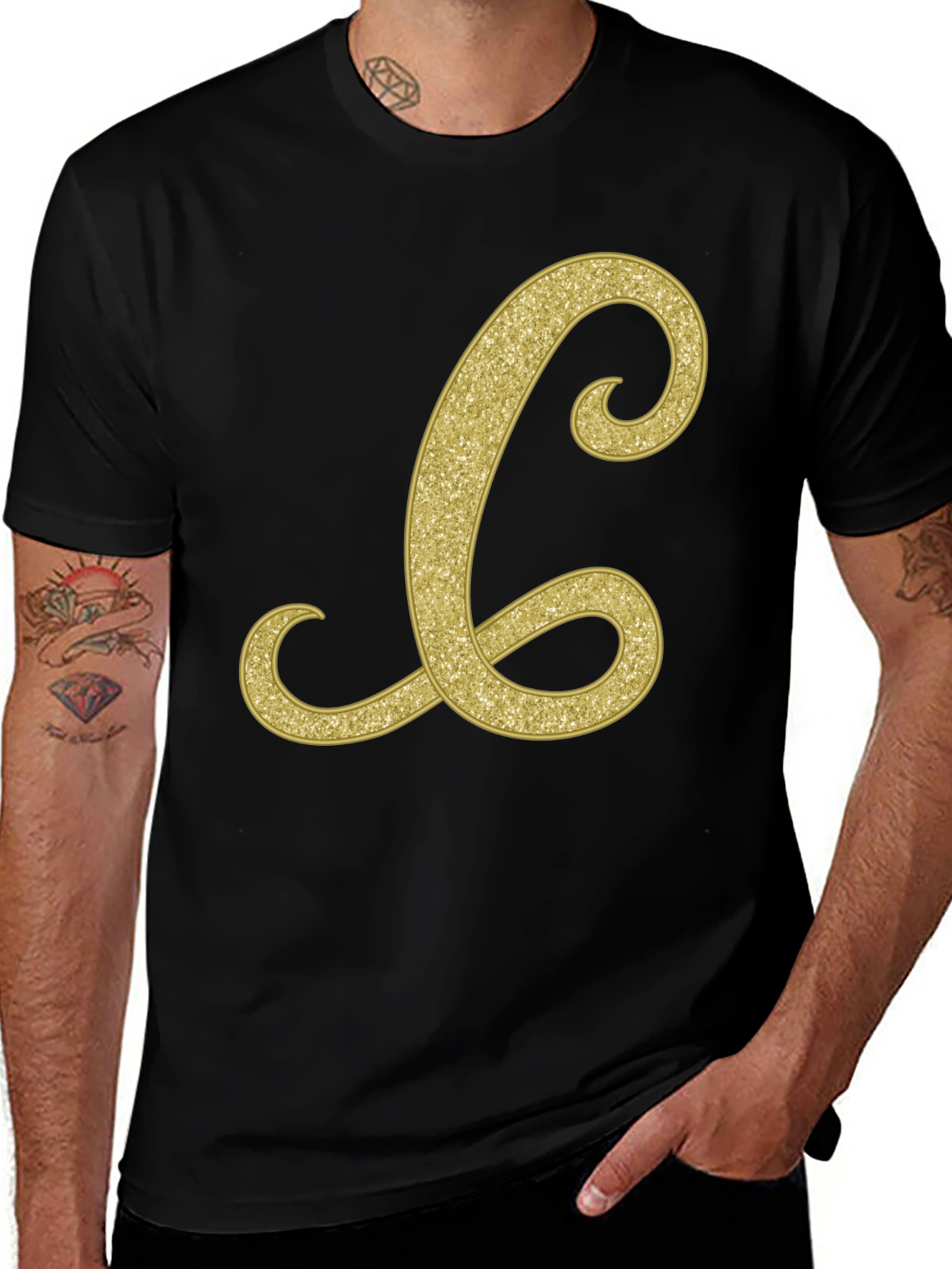 Variant 6 of Gold Glitter Letter "C" Black T-Shirt
