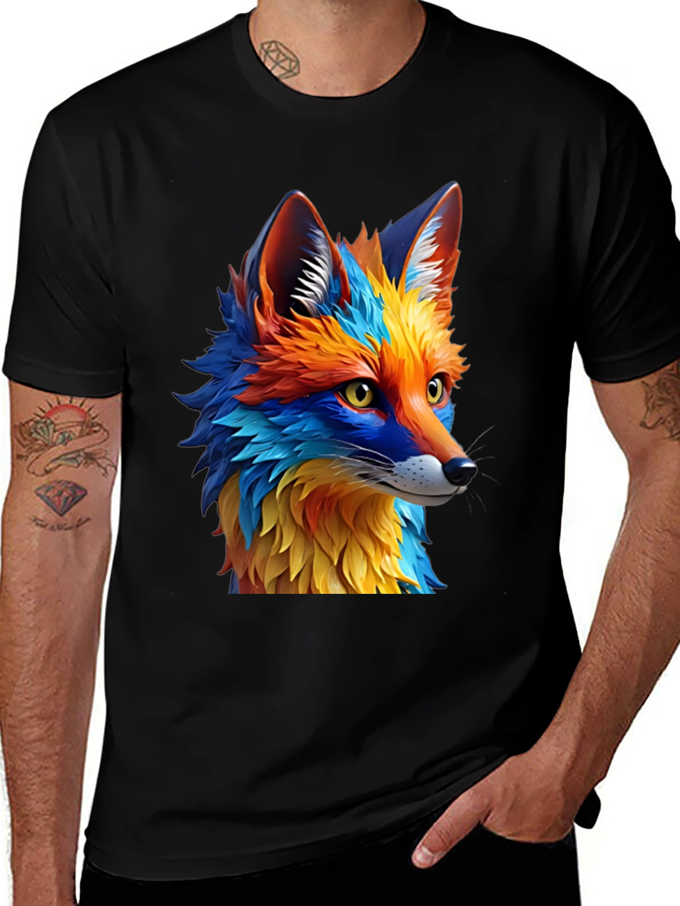 Variant 4 of Fox Art Graphic Print Black T-Shirt