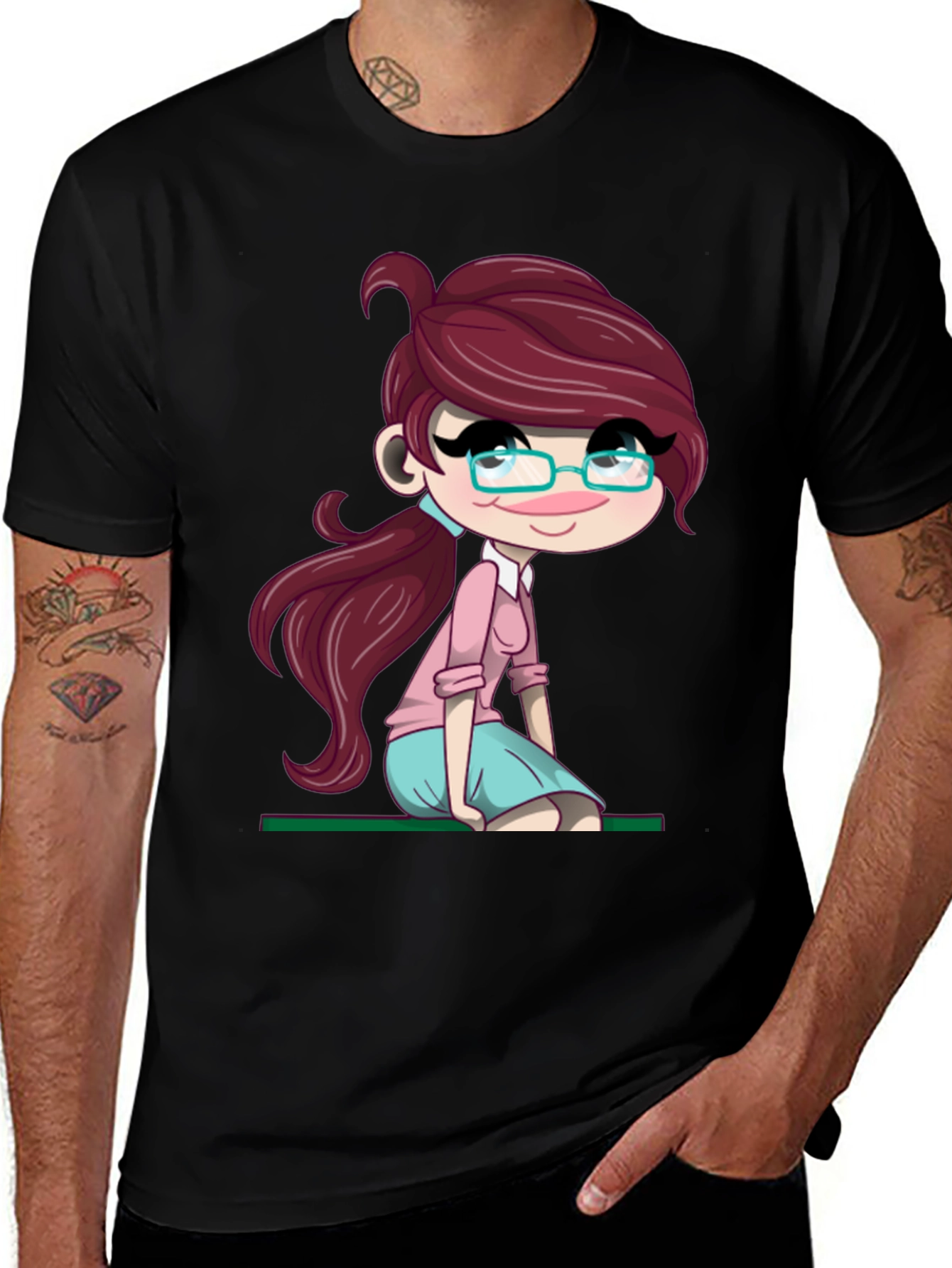 Variant 12 of Cartoon Girl Graphic Tee - Soft Black T-Shirt